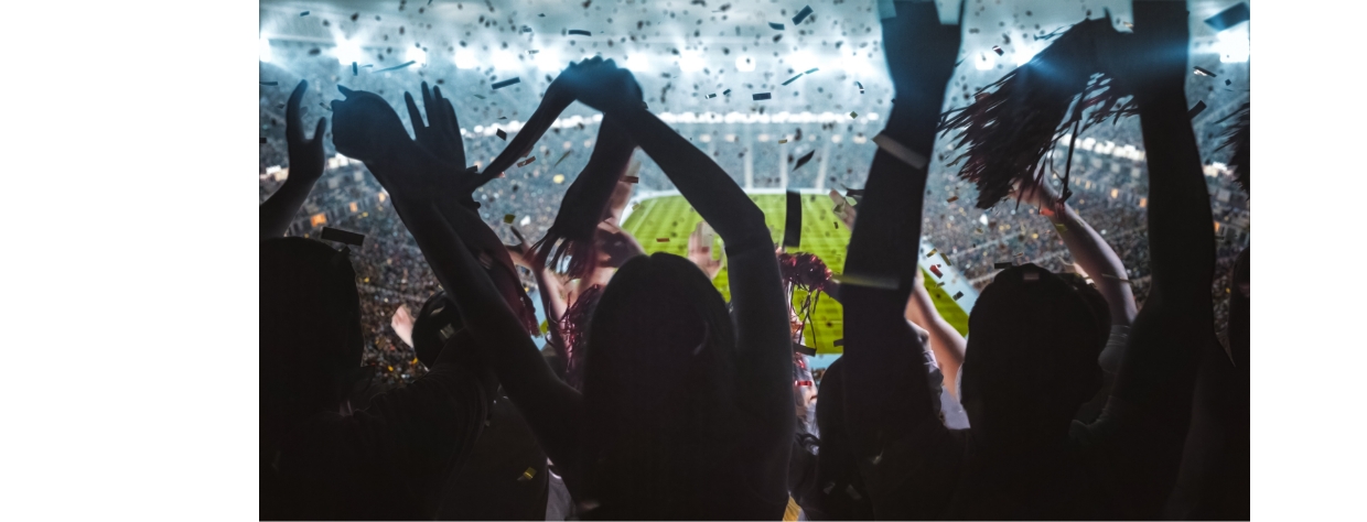 스포츠 경기장에서 환호하는 사람들