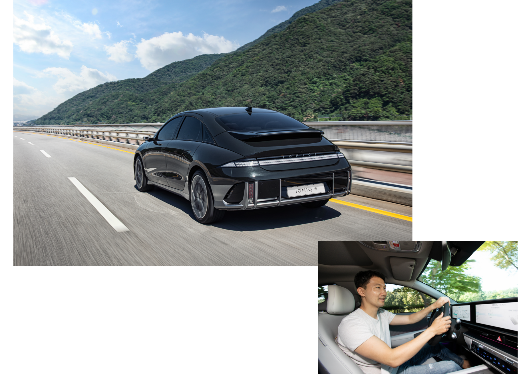 대교 위를 질주하고 있는 아이오닉 6 박일권 책임연구원이 운전을 하며 대화하고 있다