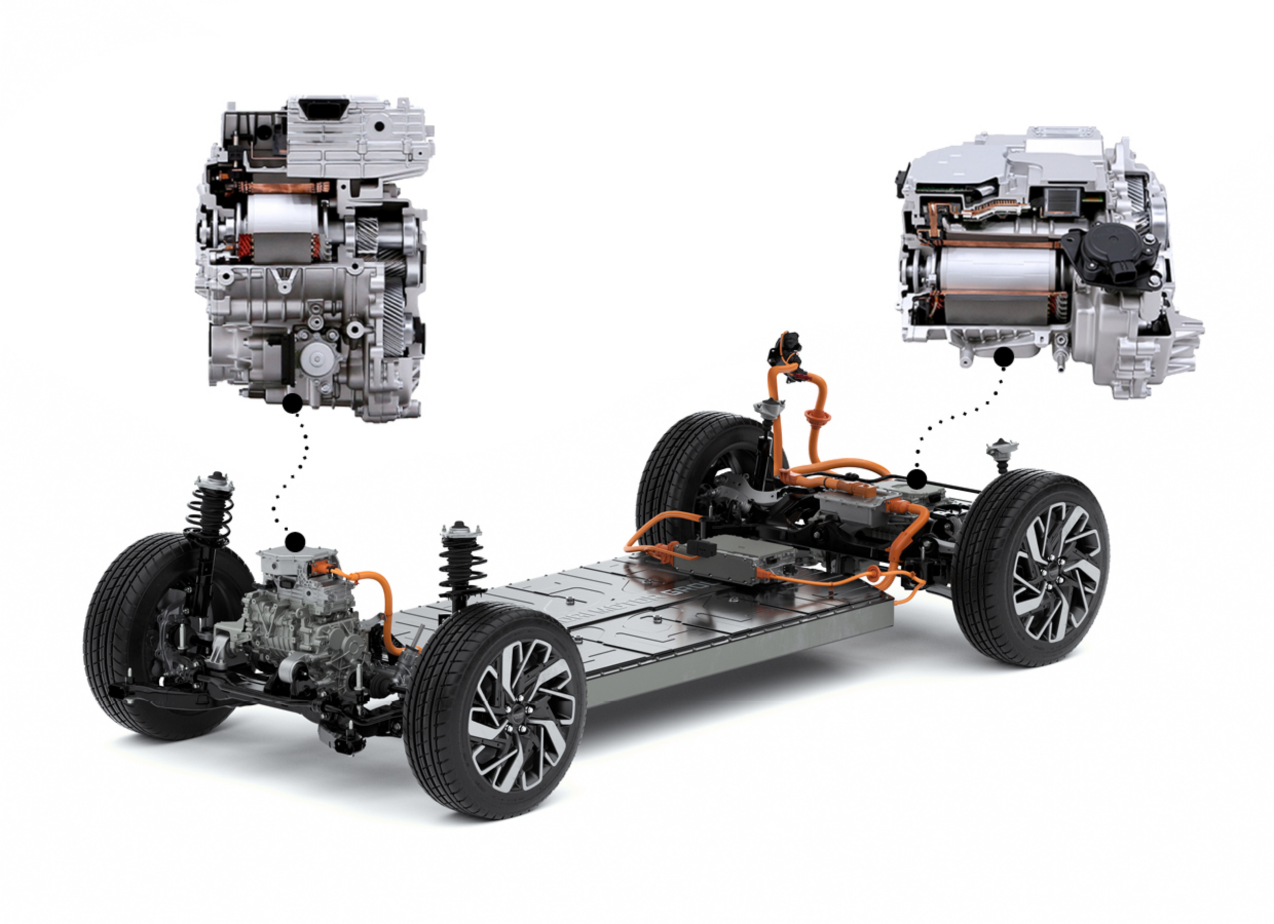 현대자동차그룹의 전기차 전용 플랫폼인 E-GMP와 전기 모터의 모습