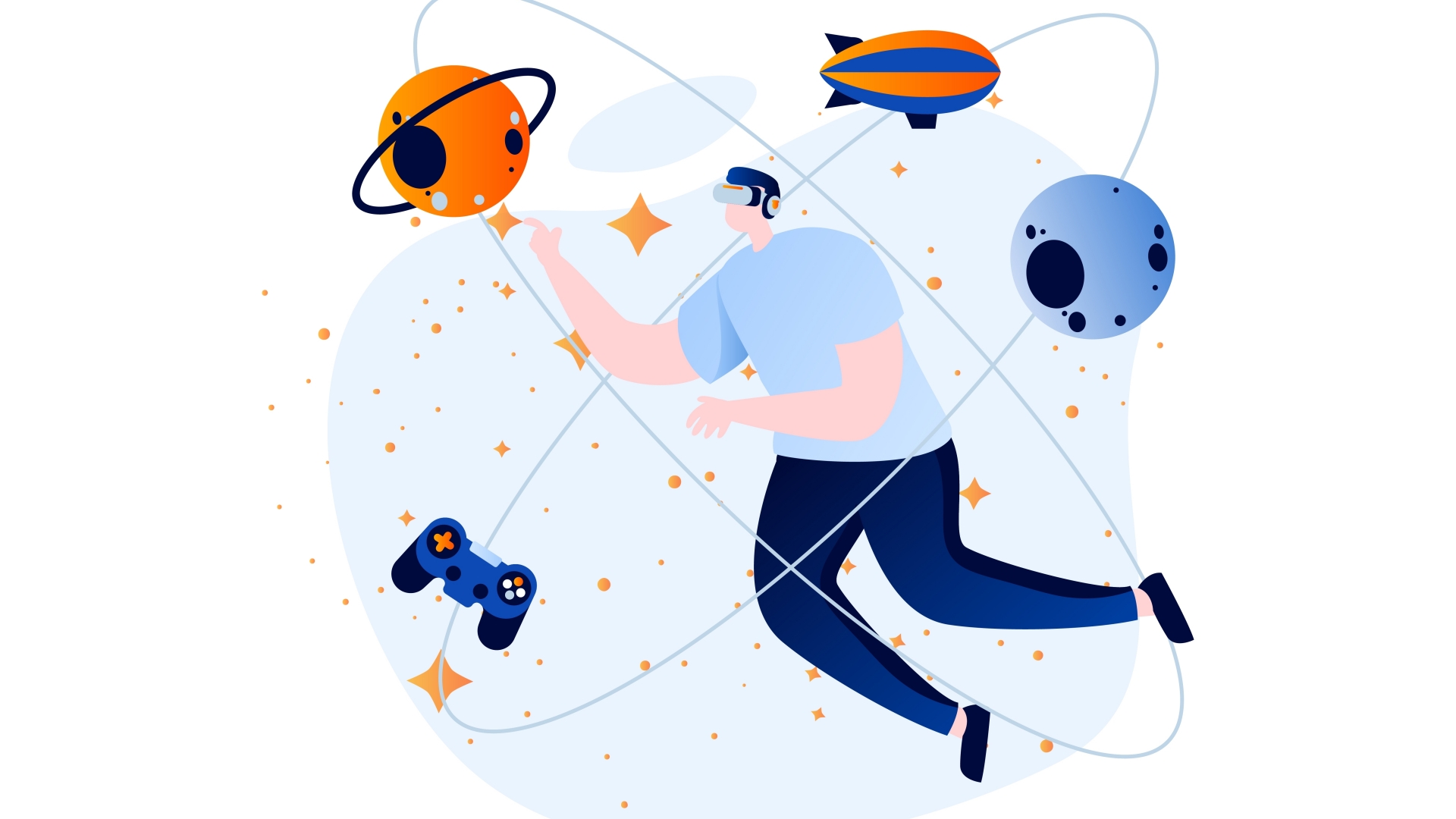 VR기기를 끼고 우주에 떠 있는 캐릭터