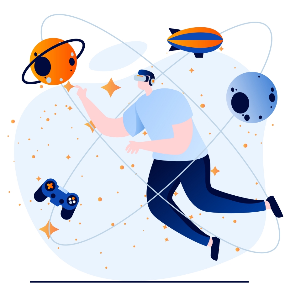 VR기기를 끼고 우주에 떠 있는 캐릭터