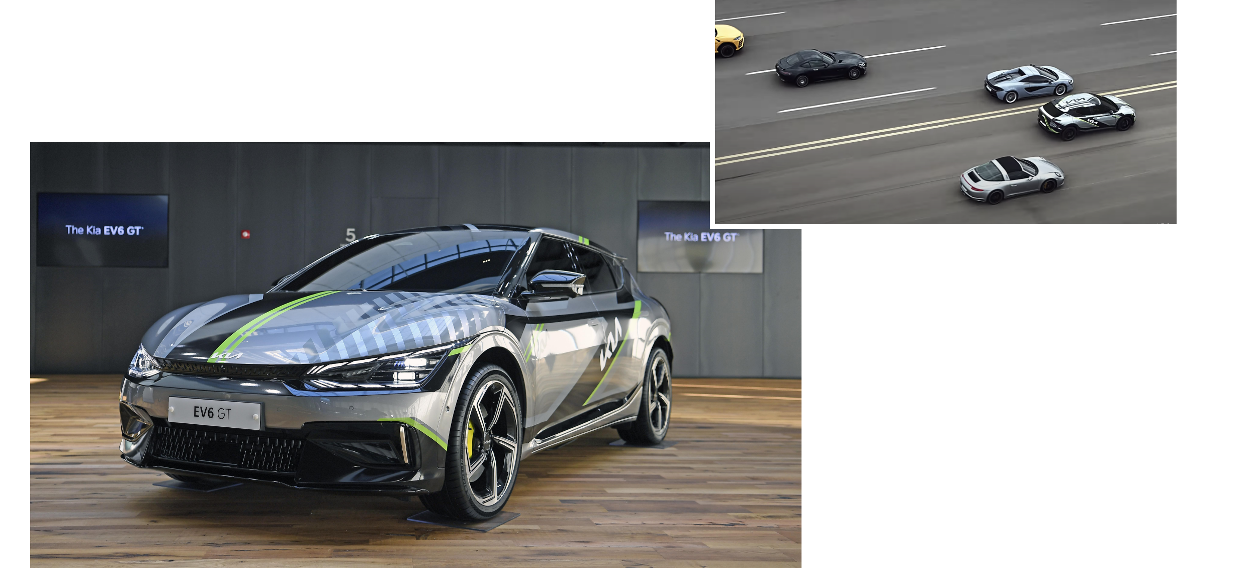 여러 스포츠카와 함께 달리는 기아 EV6 GT