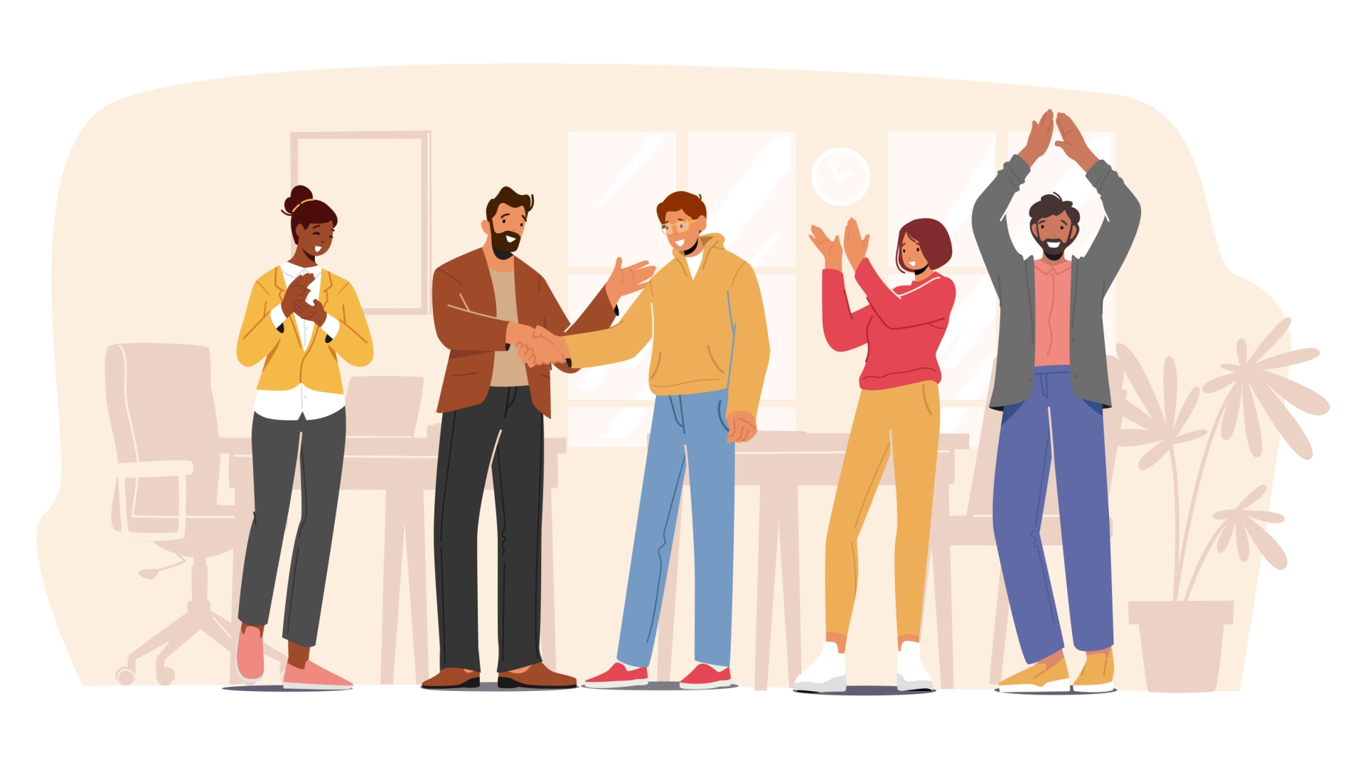 사무실에 모여서 대화를 나누는 사람 5명 일러스트