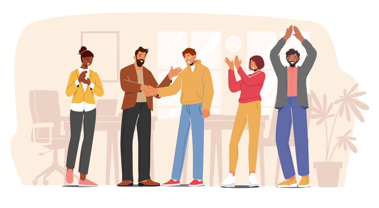 사무실에 모여서 대화를 나누는 사람 5명 일러스트