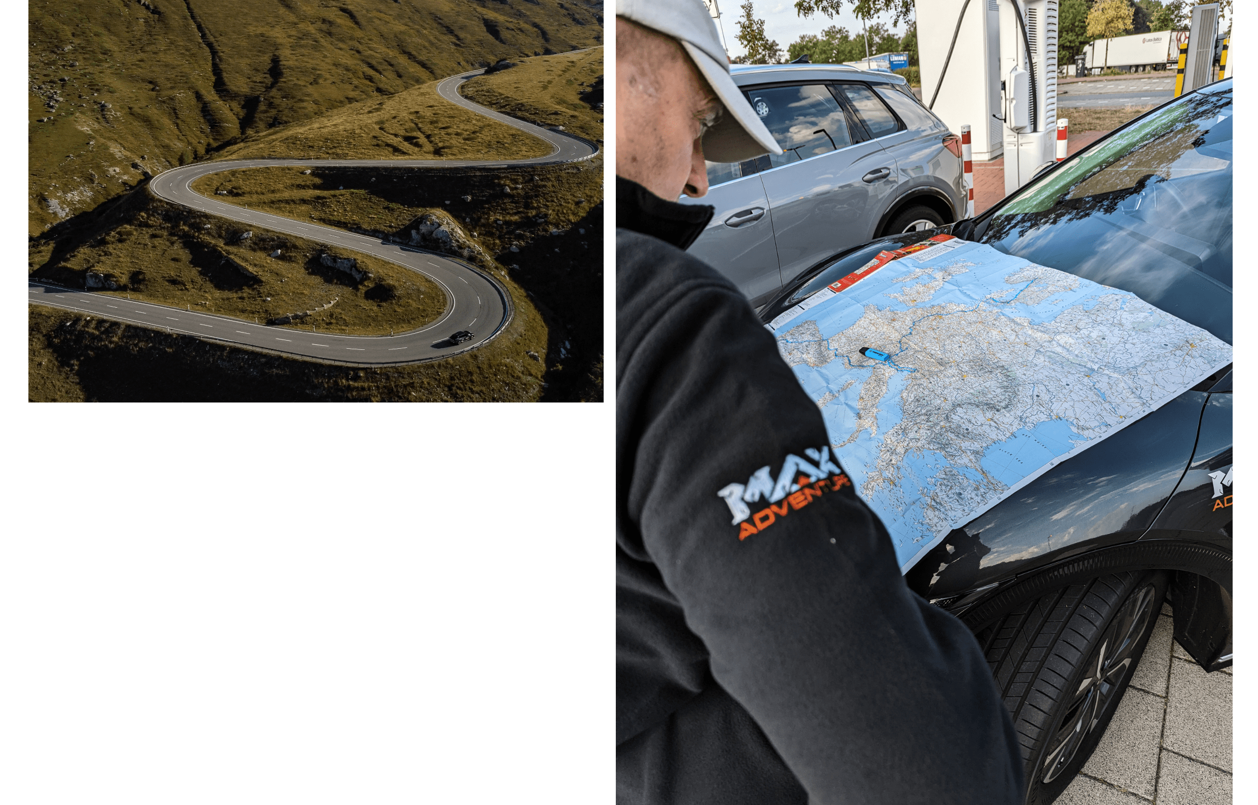 아름다운 도로 풍경 속 EV6의 주행 모습, EV6 보닛 위에 지도를 펼친 모습