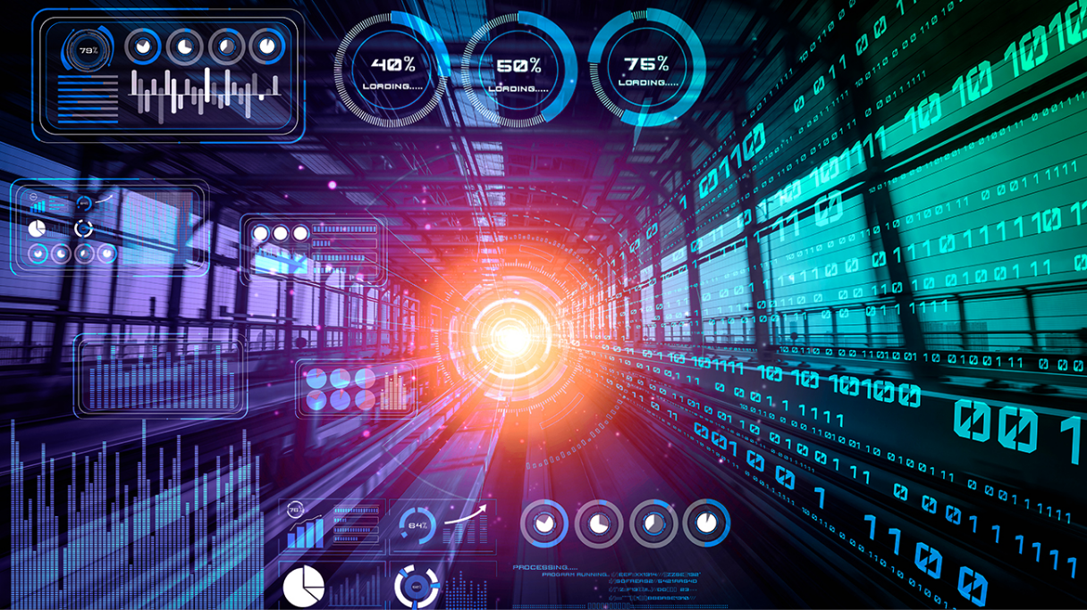 디지털 트윈 기술을 추상적으로 표현한 그래픽