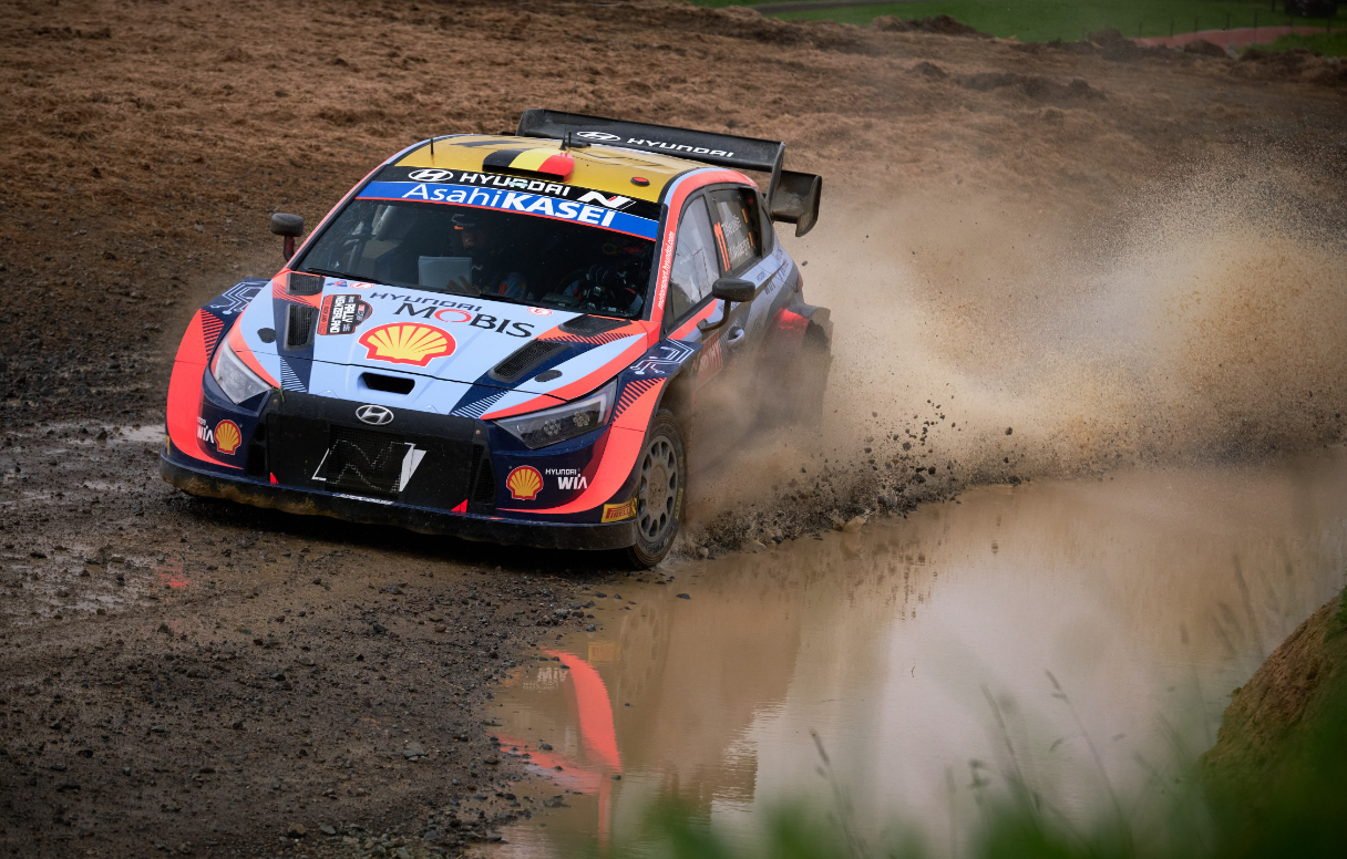 Hyundai i20 N Rally 1 in motion at Rally New Zealand