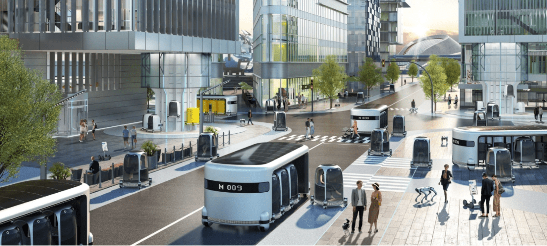 메가시티 속 다양한 모빌리티들이 산재하고 있는 현대차그룹의 콘셉트 사진