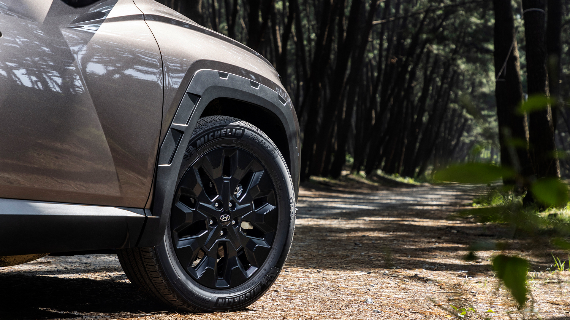 숲에 정차한 투싼 앞바퀴의 모습