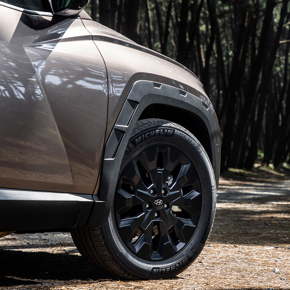 숲에 정차한 투싼 앞바퀴의 모습