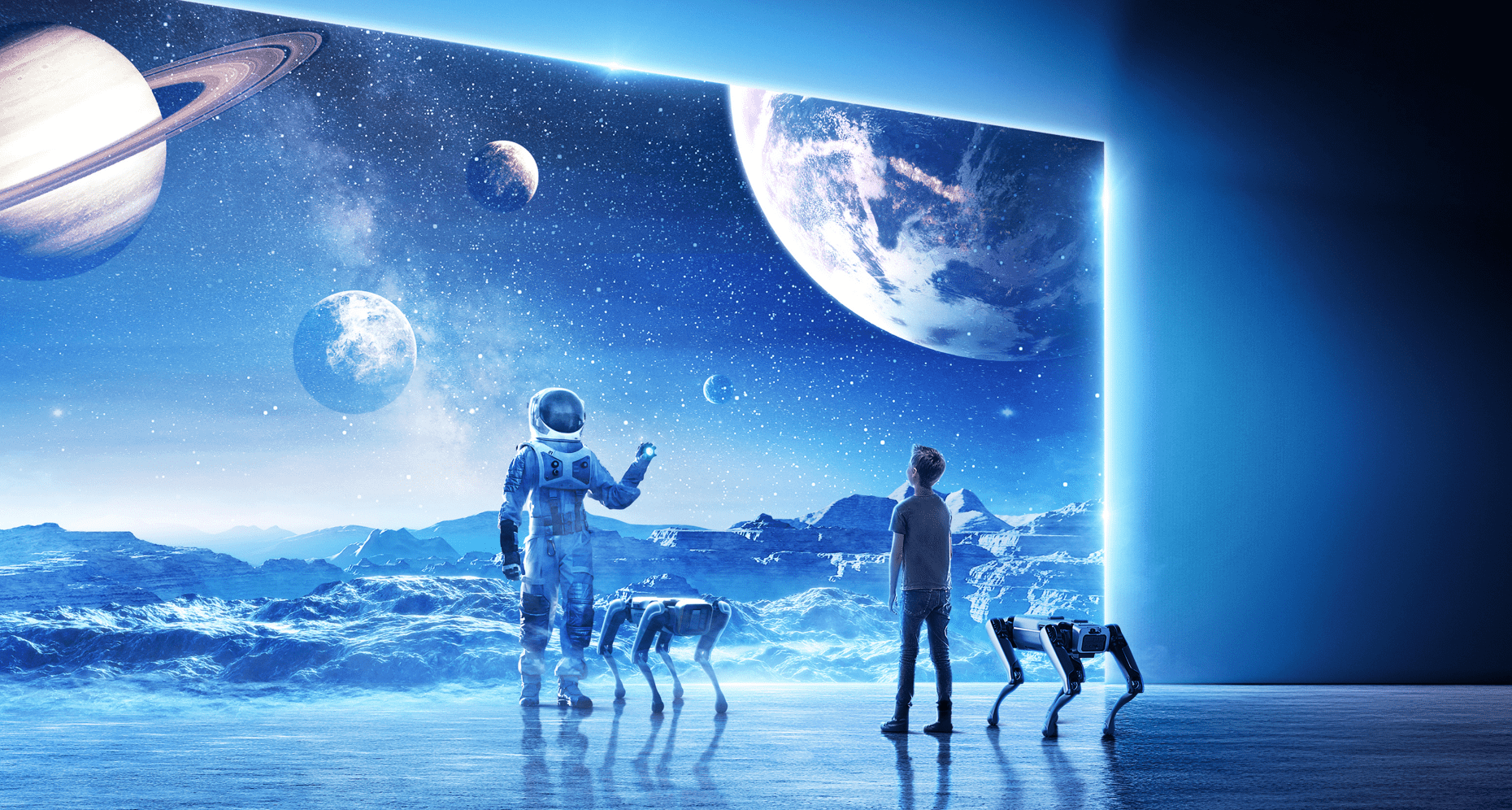 A person facing an astronaut and a lunar rover