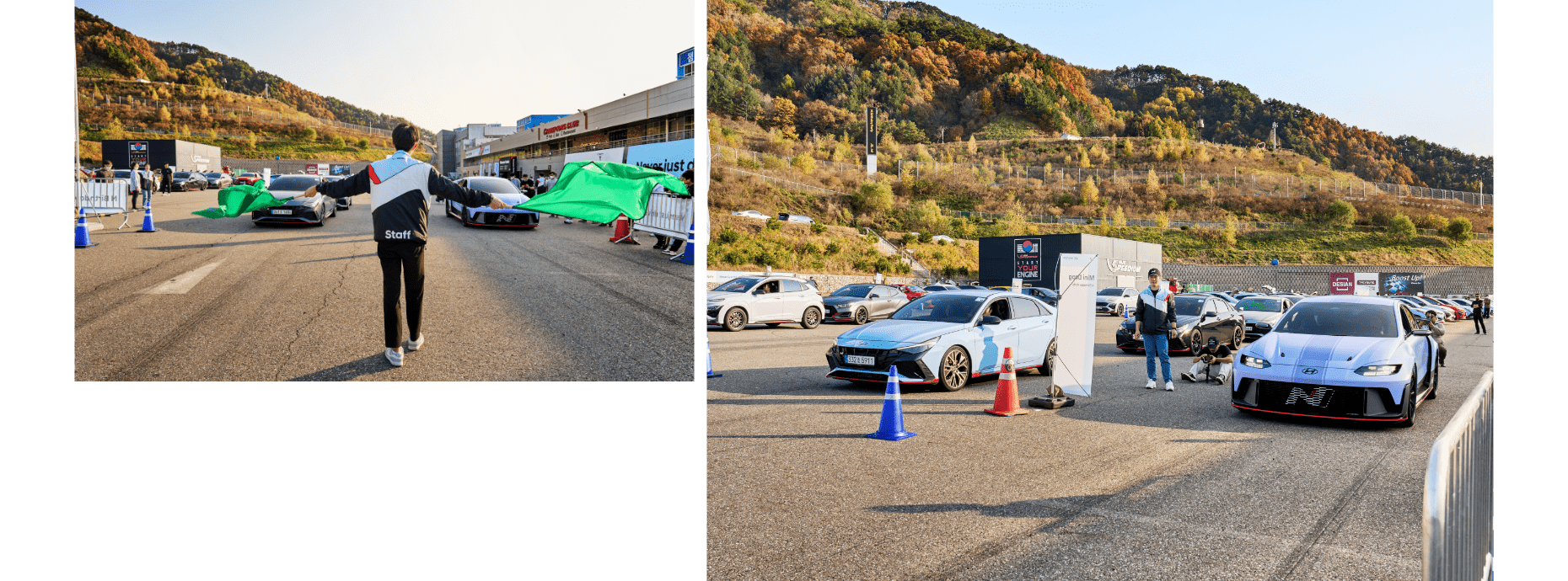 드래그 레이스의 스타트 라인에서 대기 중인 아반떼 N과 RN22e