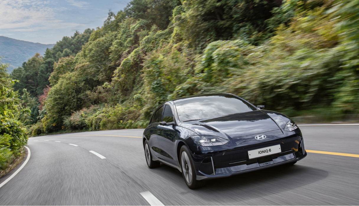 Front view of Hyundai IONIQ 6 in motion
