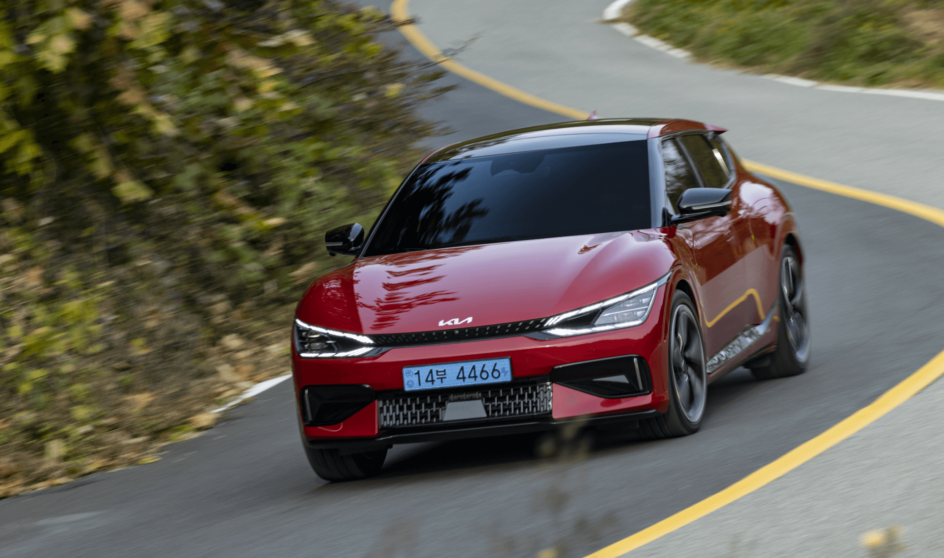 EV6 GT driving down a winding road