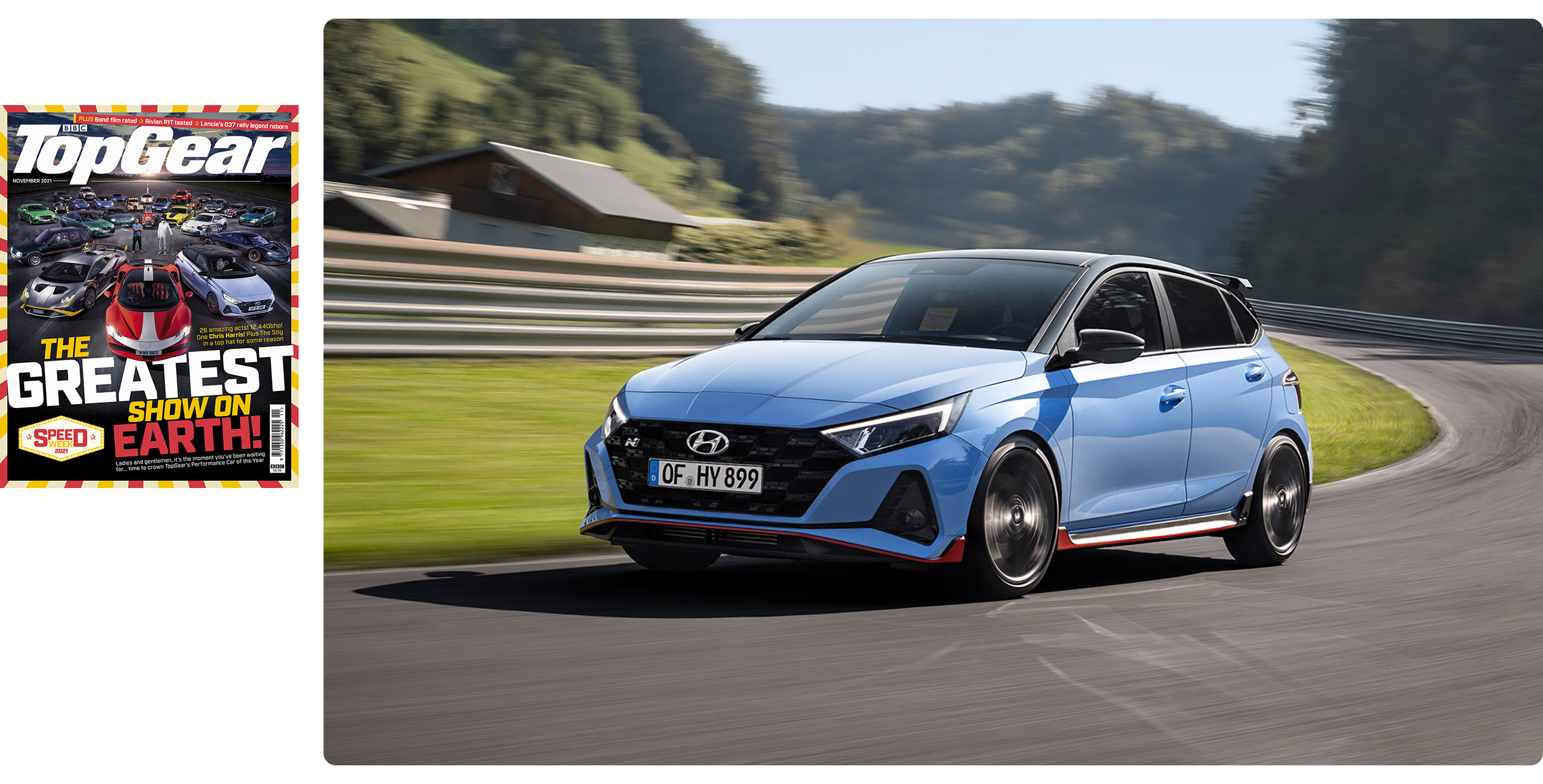 영국 톱기어 스피드위크에서 우승한 i20 N을 설명하는 잡지 표지와 i20 N의 주행 모습