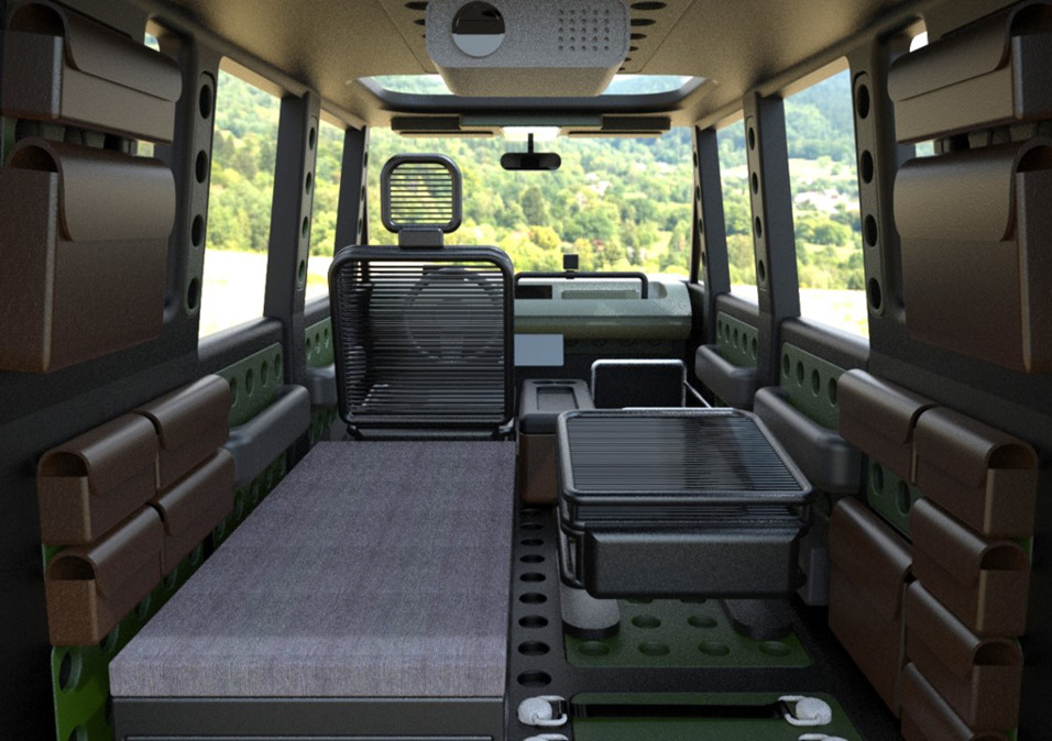 Using the modular interior, parts are inserted to form the interior space