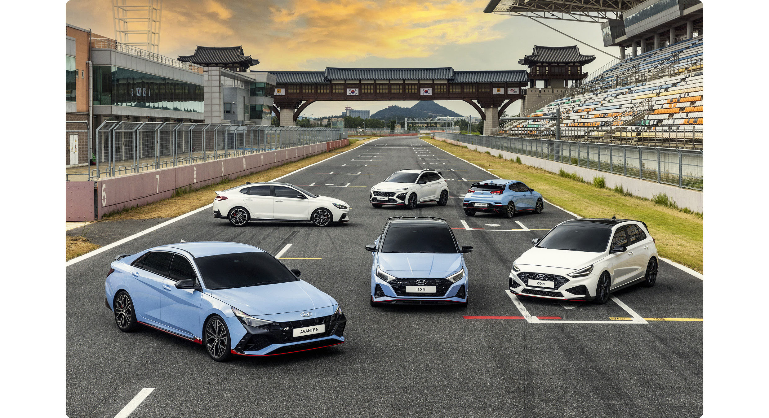 Hyundai N vehicles standing side by side on the track at Yeongam International Stadium