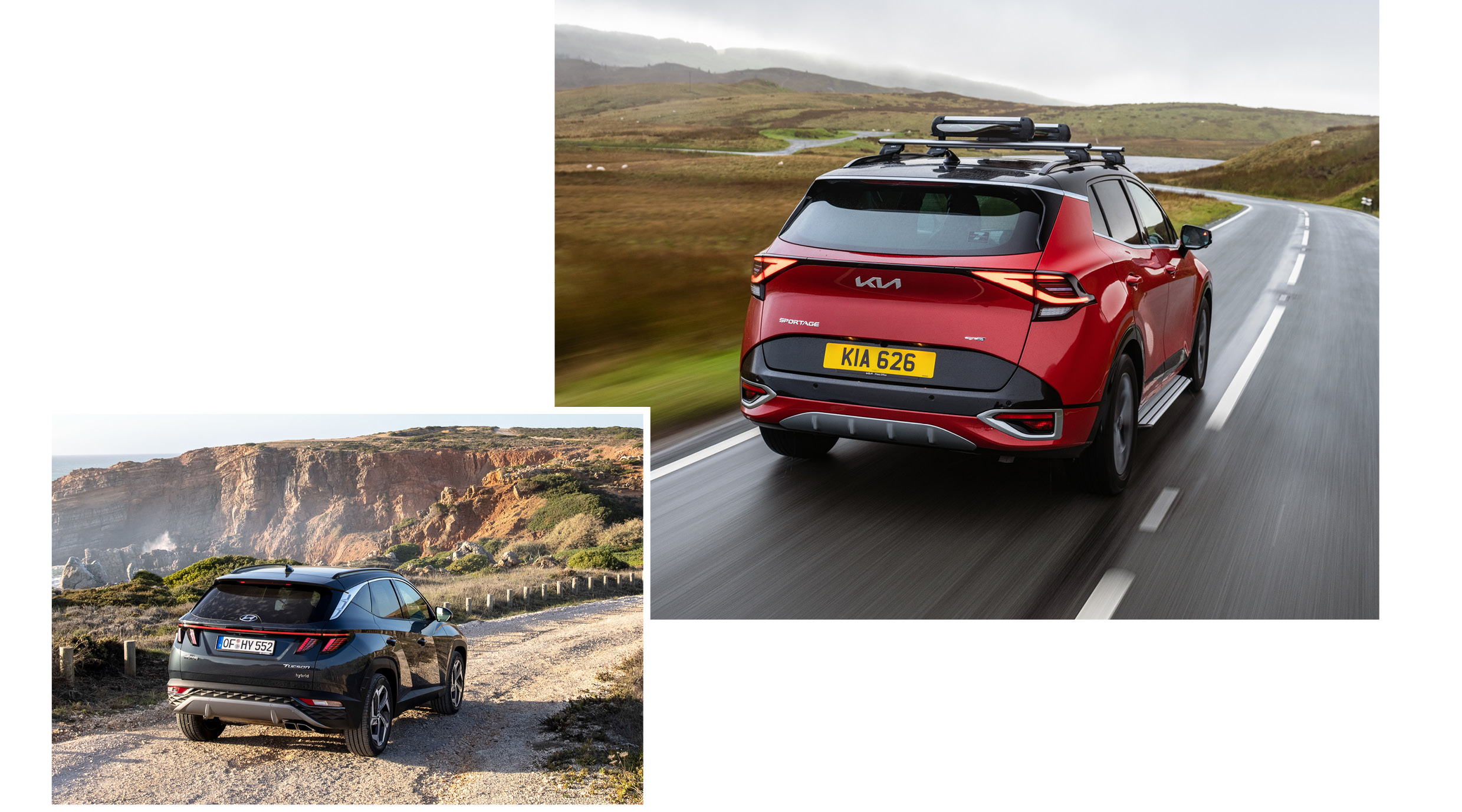 기아 스포티지와 현대차 투싼의 주행 뒷모습