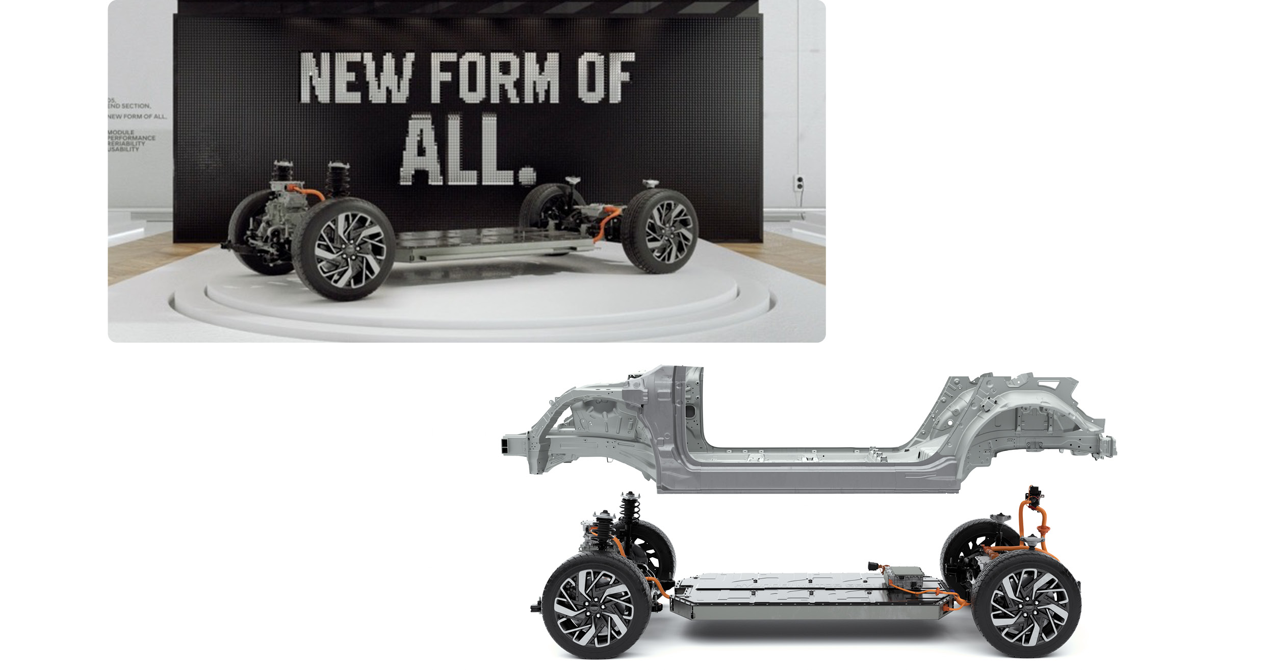 E GMP의 차체 일부 및 배터리 중심의 섀시 사진