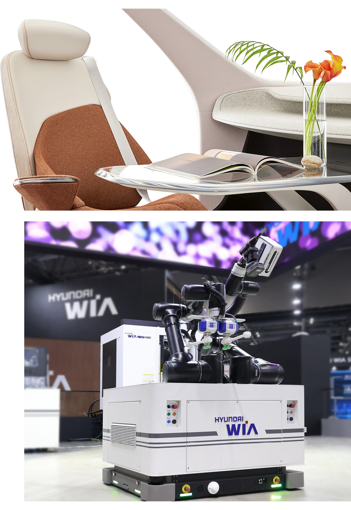 현대트랜시스와 현대위아가 선보인 미래 자율주행 모빌리티 시트와 공작 로봇의 모습