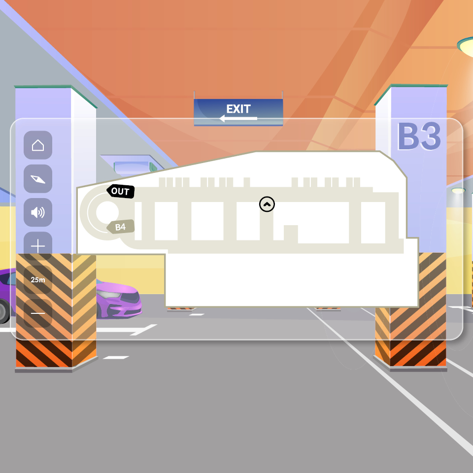 Illustration of a navigation system operating in the background of an indoor parking lot map
