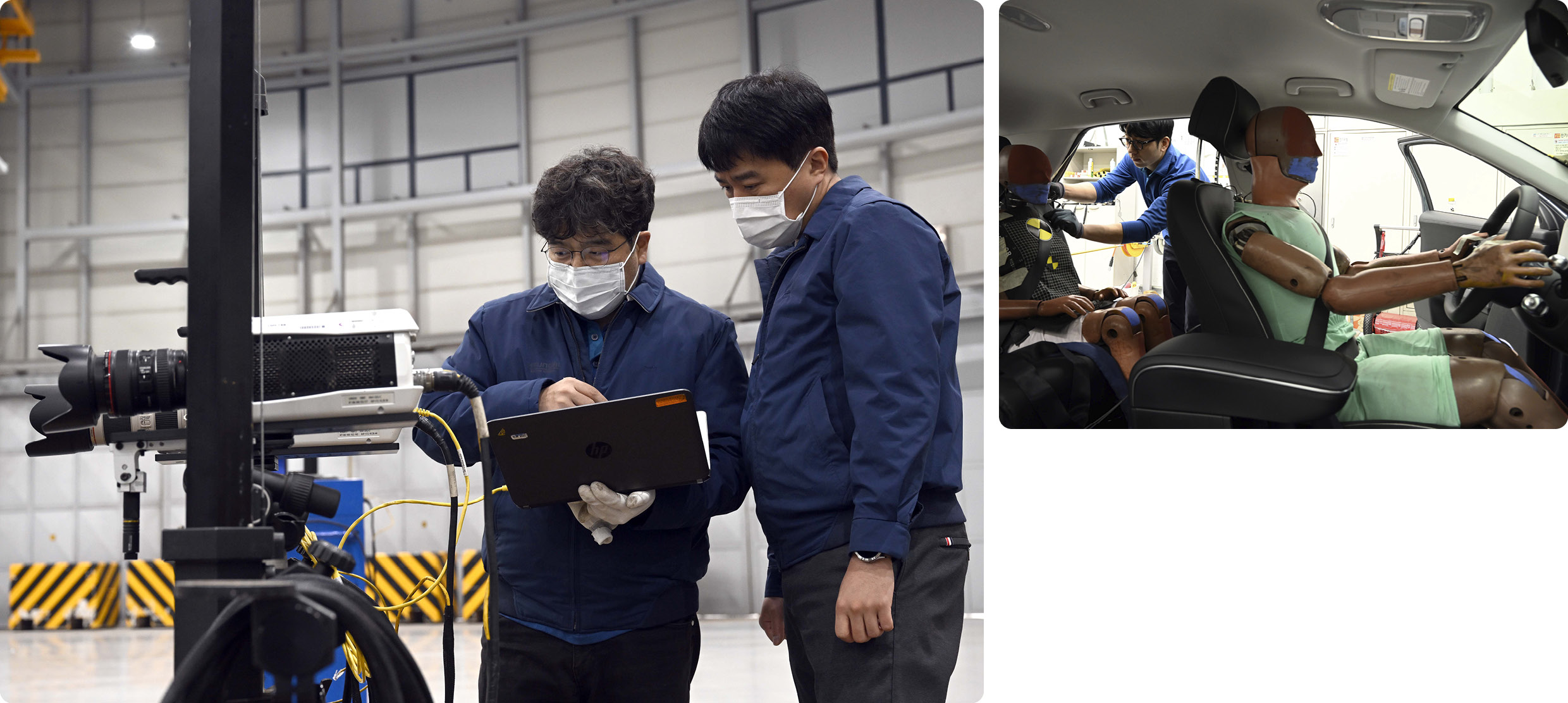 계측 및 촬영 장비를 점검 중인 현대차그룹 연구원, 현대차그룹 연구원이 후석의 더미를 점검하고 있다