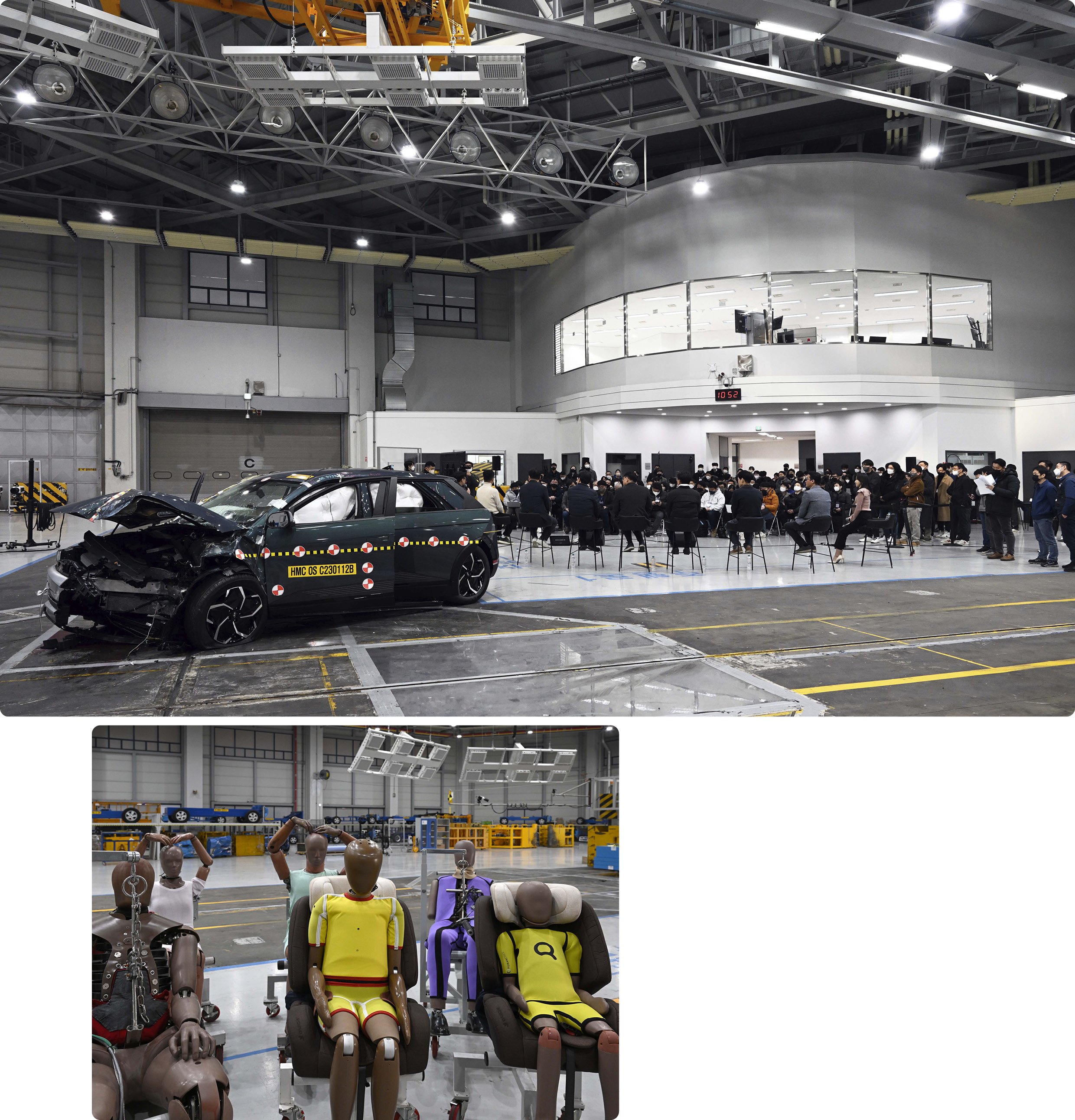 현대차그룹 실무진들이 기자단의 질의에 답변하고 있다 충돌시험장에 비치된 실제 충돌 시험용 인체모형들