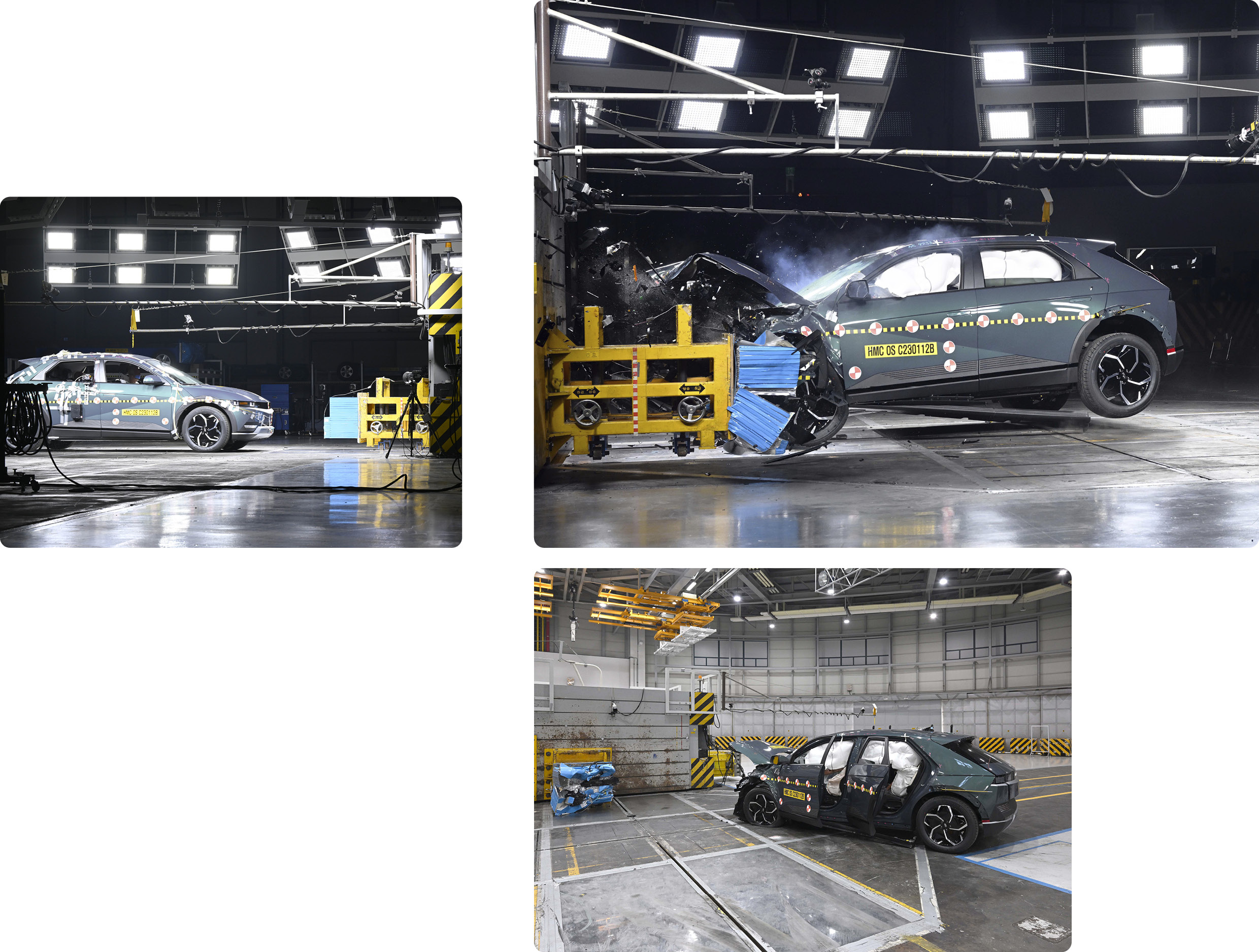 충돌 시험용 구조물을 향해 달려가고 있는 아이오닉 5, 충돌 시험용 구조물에 충돌하고 있는 아이오닉 5, 차량 충돌 시험이 끝난 아이오닉 5가 에어백이 전개된 채로 서 있다