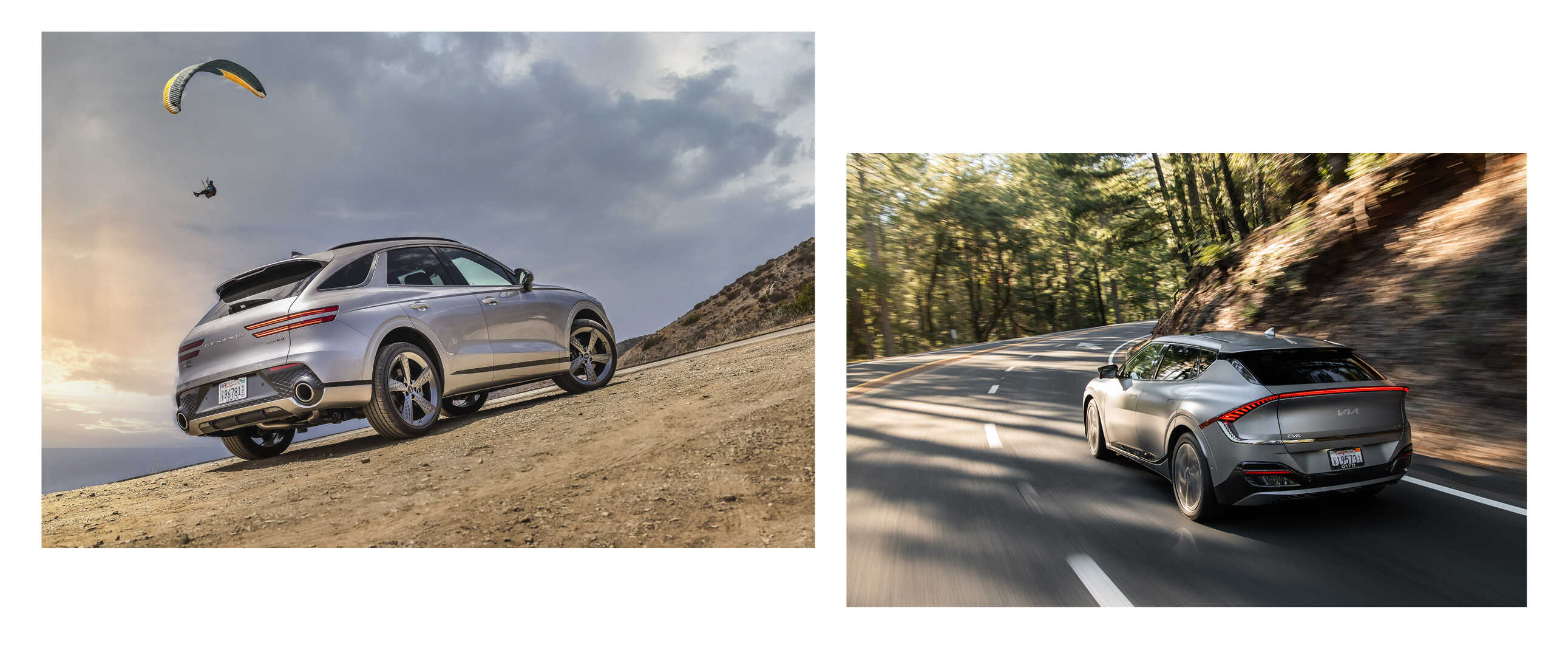 2023 미국 카앤드라이버 베스트 10 트럭 및 SUV 시상식에 뽑힌 제네시스 GV70와 기아 EV6의 뒷모습