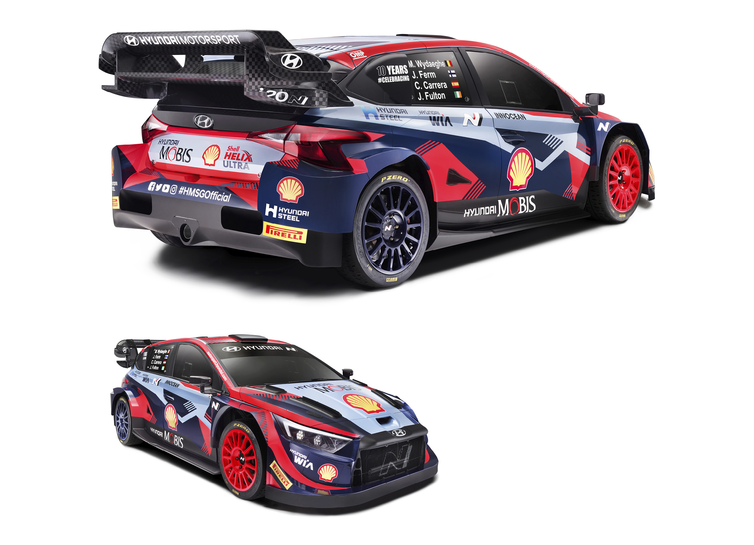 Front/side, rear/side view of i 20 N rally car with hybrid powertrain