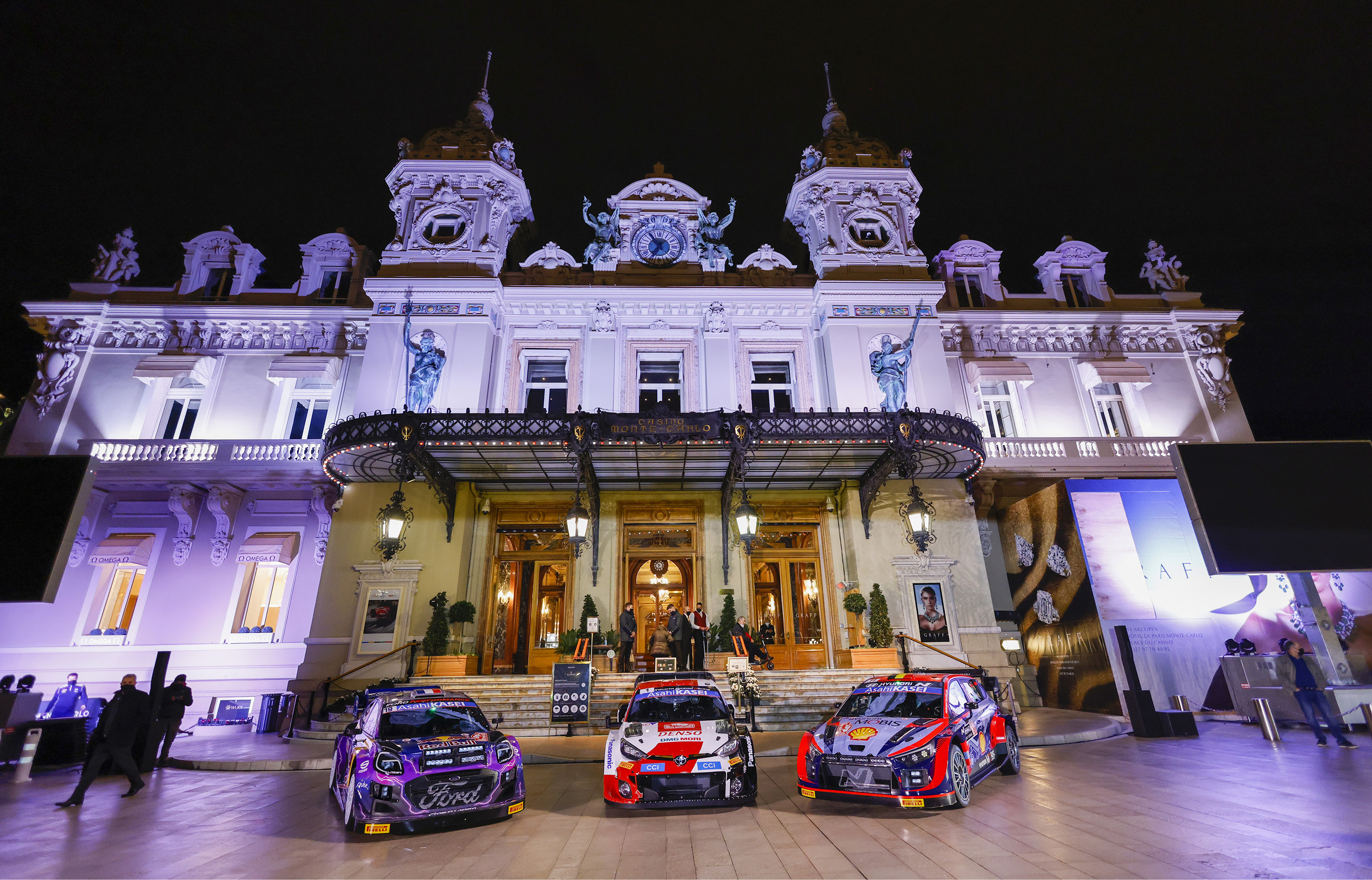 Rally cars of Hyundai Motorsport, Toyota, and M-Sport Ford (from left)