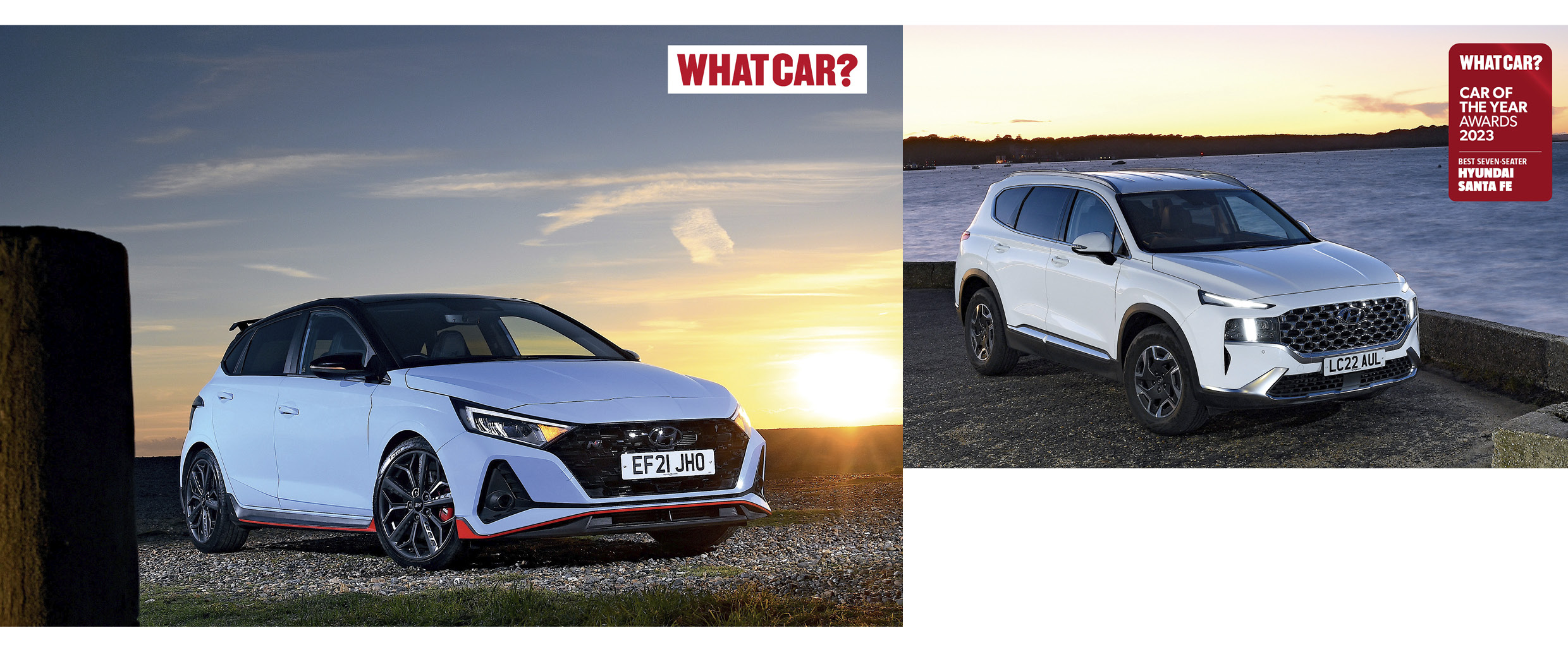 영국 왓카가 선정한 올해의 차 부문별 우승 모델에 선정된 현대차 i20 N과 싼타페의 모습