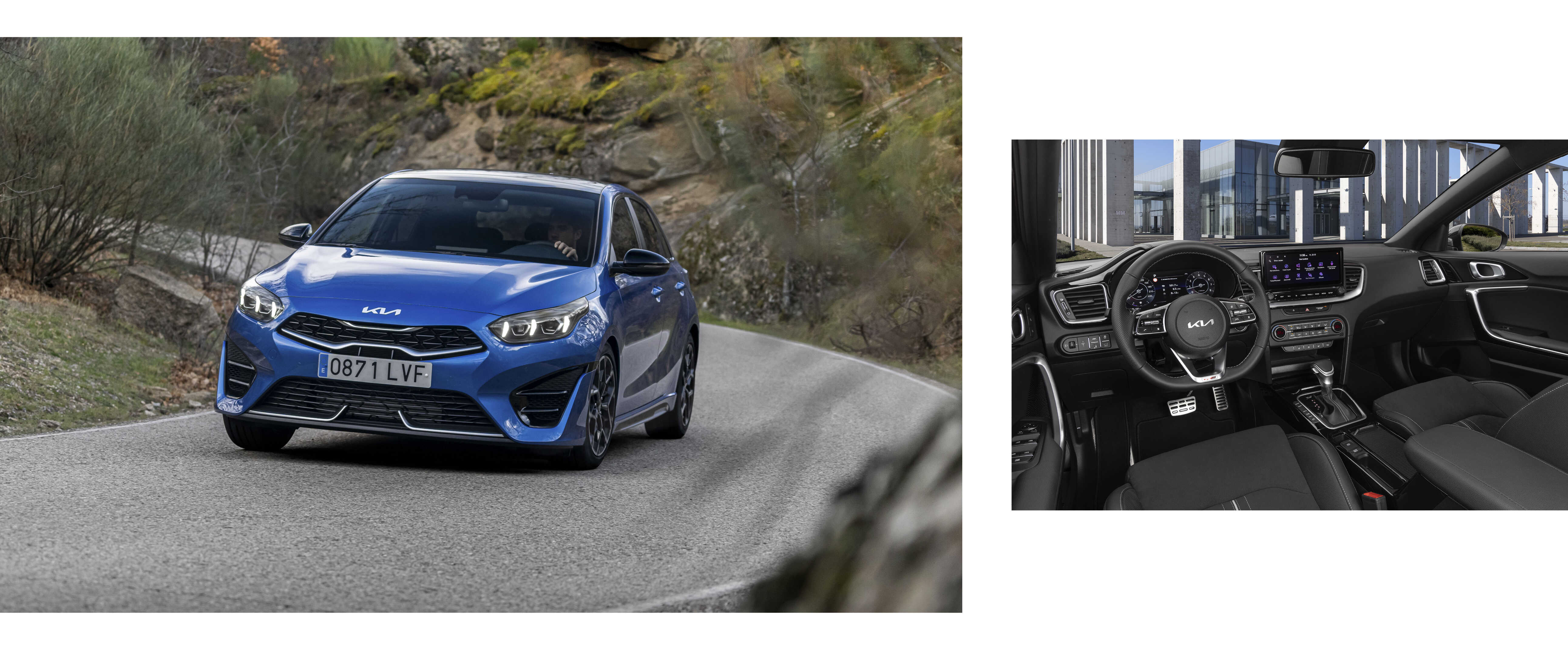 파란색 기아 씨드 해치백이 주행하는 모습과 실내 전경경