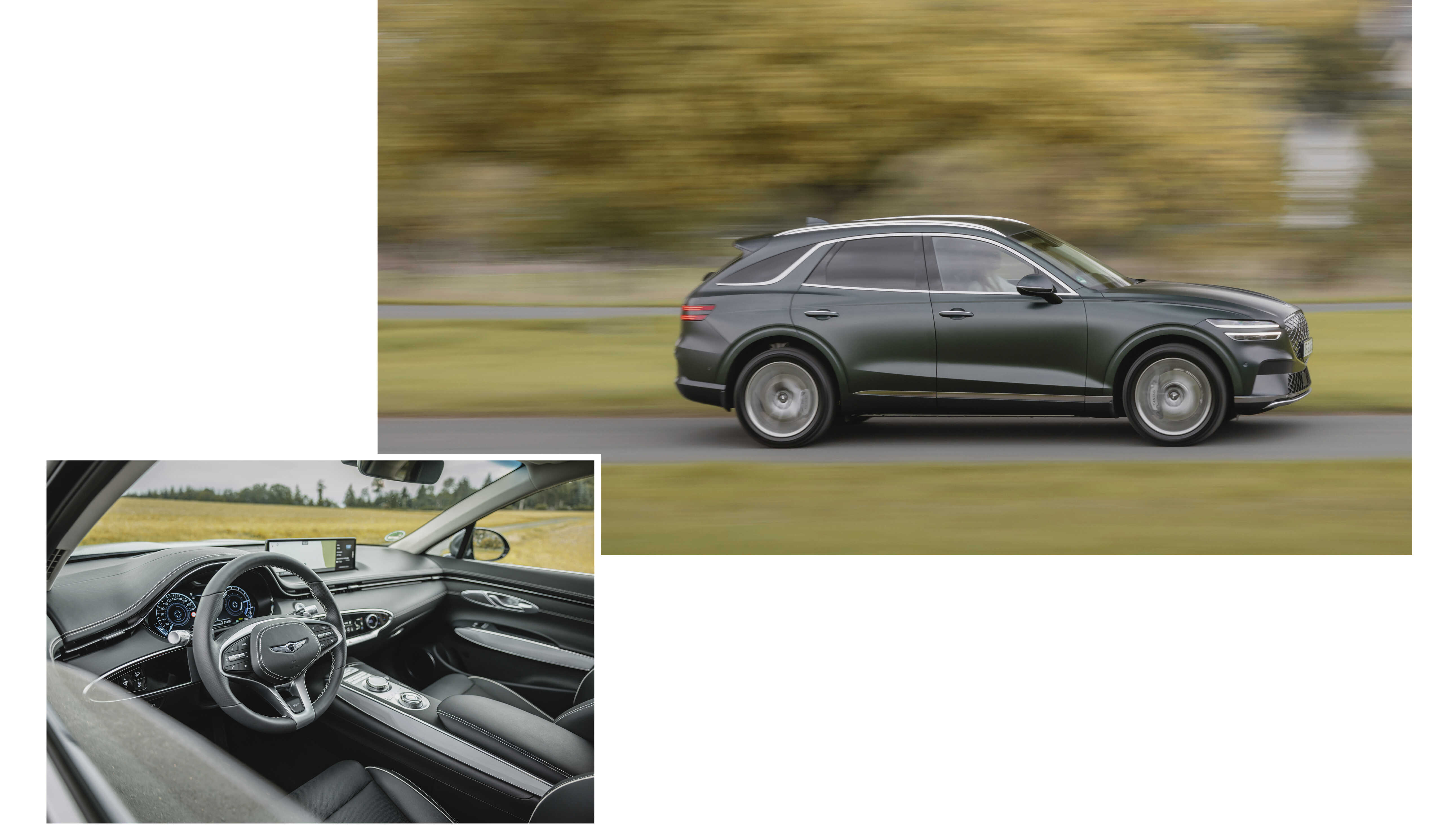 제네시스 GV70 전동화 모델이 유럽 도로를 주행하는 모습과 실내 전경