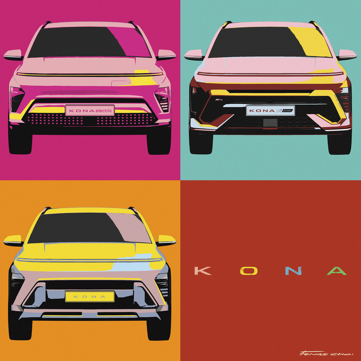 front image of internal combustion engine, electric car, and N Line Kona