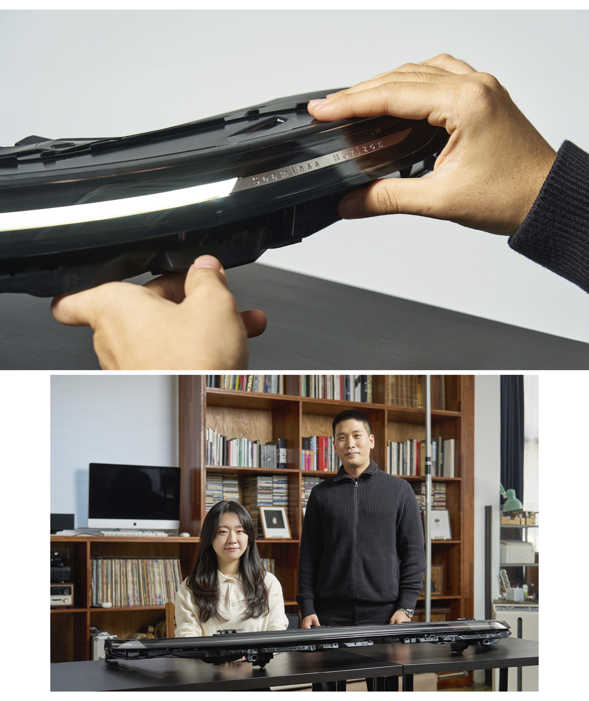 7세대 그랜저의 심리스 호라이즌 램프를 개발한 박문수 연구원과 공미선 연구원이 포즈를 취하고 있다