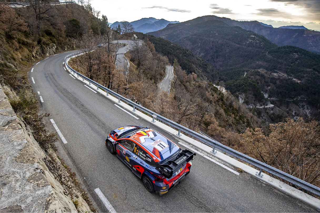 Hyundai i20 N Rally 1 racing at Rallye Monte-Carlo