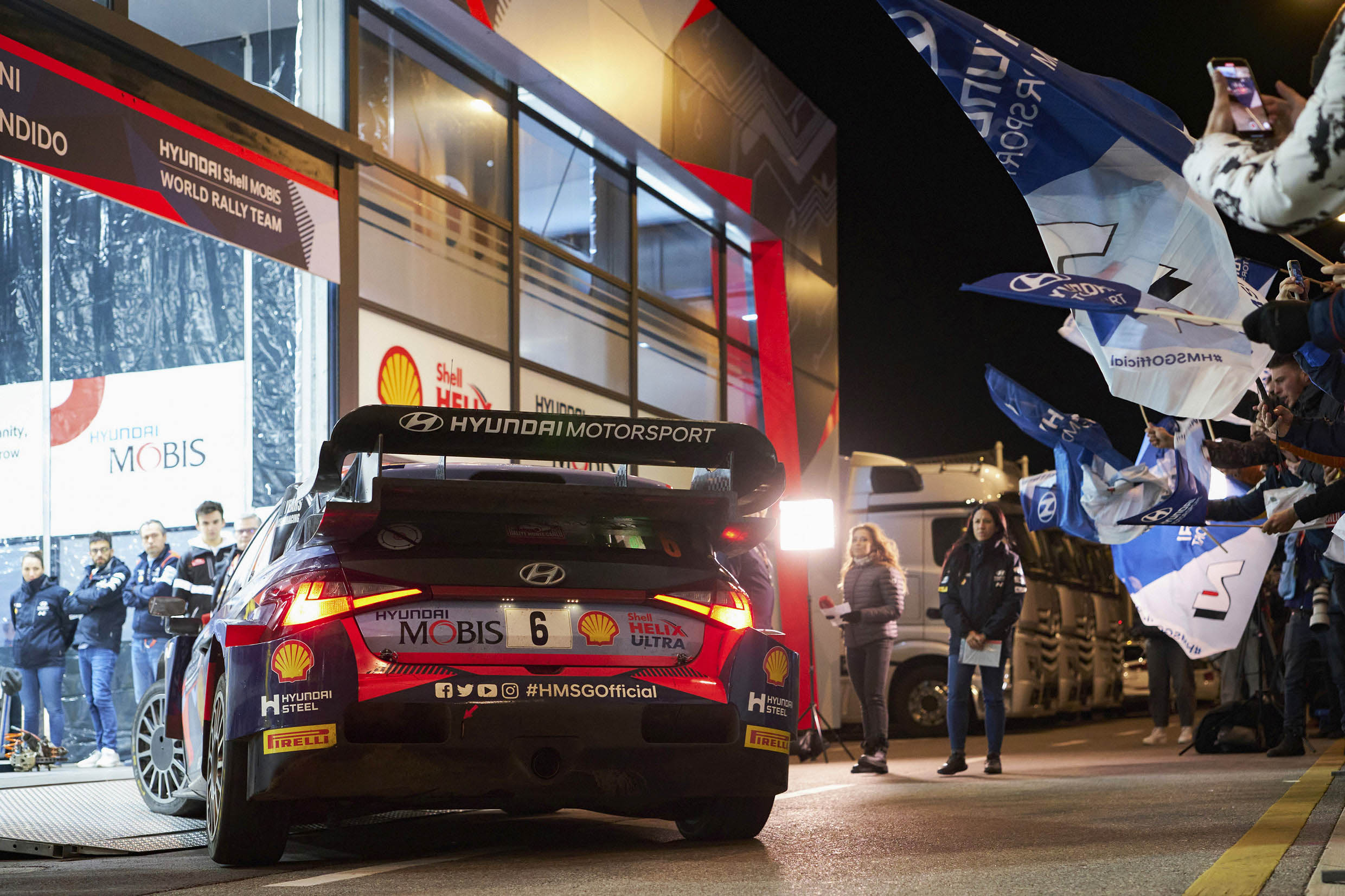 Hyundai i20 N Rally 1 returning to camp after Rallye Monte-Carlo
