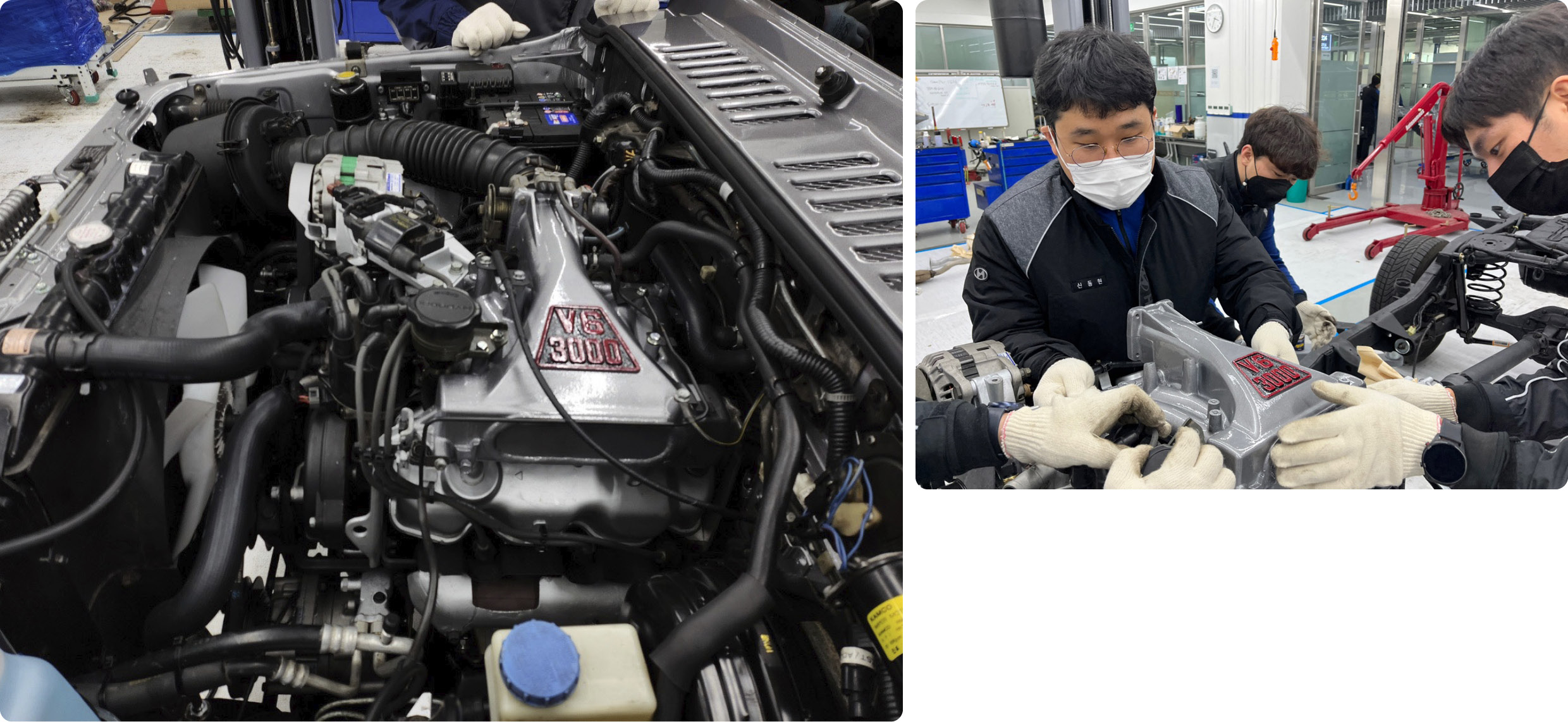 A V6 3000 engine and a worker looking at it
