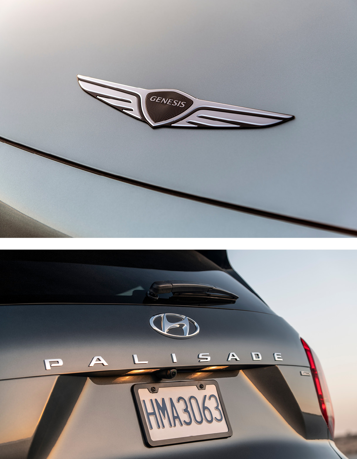 제네시스 엠블럼과 현대차 엠블럼을 함께 조명한 모습