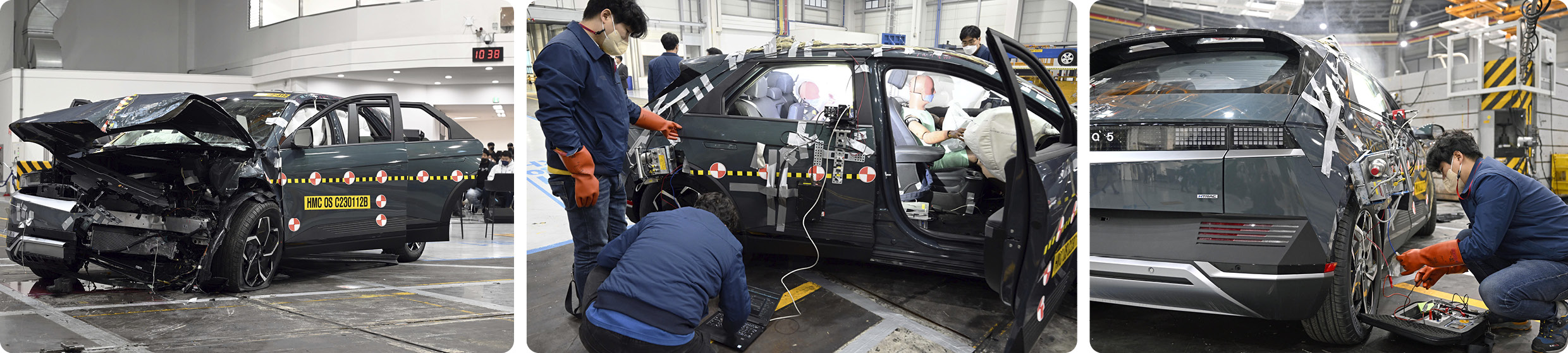 IONIQ 5 after the crash test is standing with the airbag deployed Hyundai Motor Group researchers checking the battery voltage Hyundai Motor Group researchers checking the test vehicle through measuring equipment