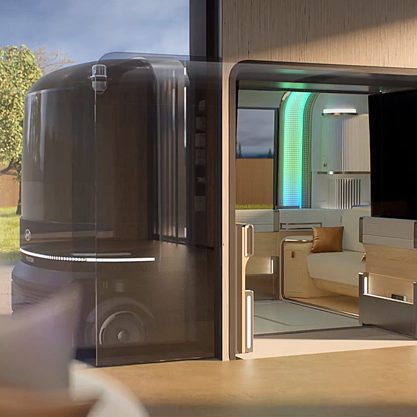 건물과 결합하여 공간을 공유 중인 모바일 리빙 스페이스 콘셉트