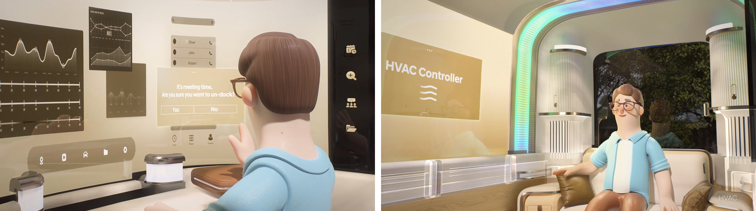 모바일 리빙 스페이스에서 가상의 주인공이 업무와 여가 활동을 하고 있다