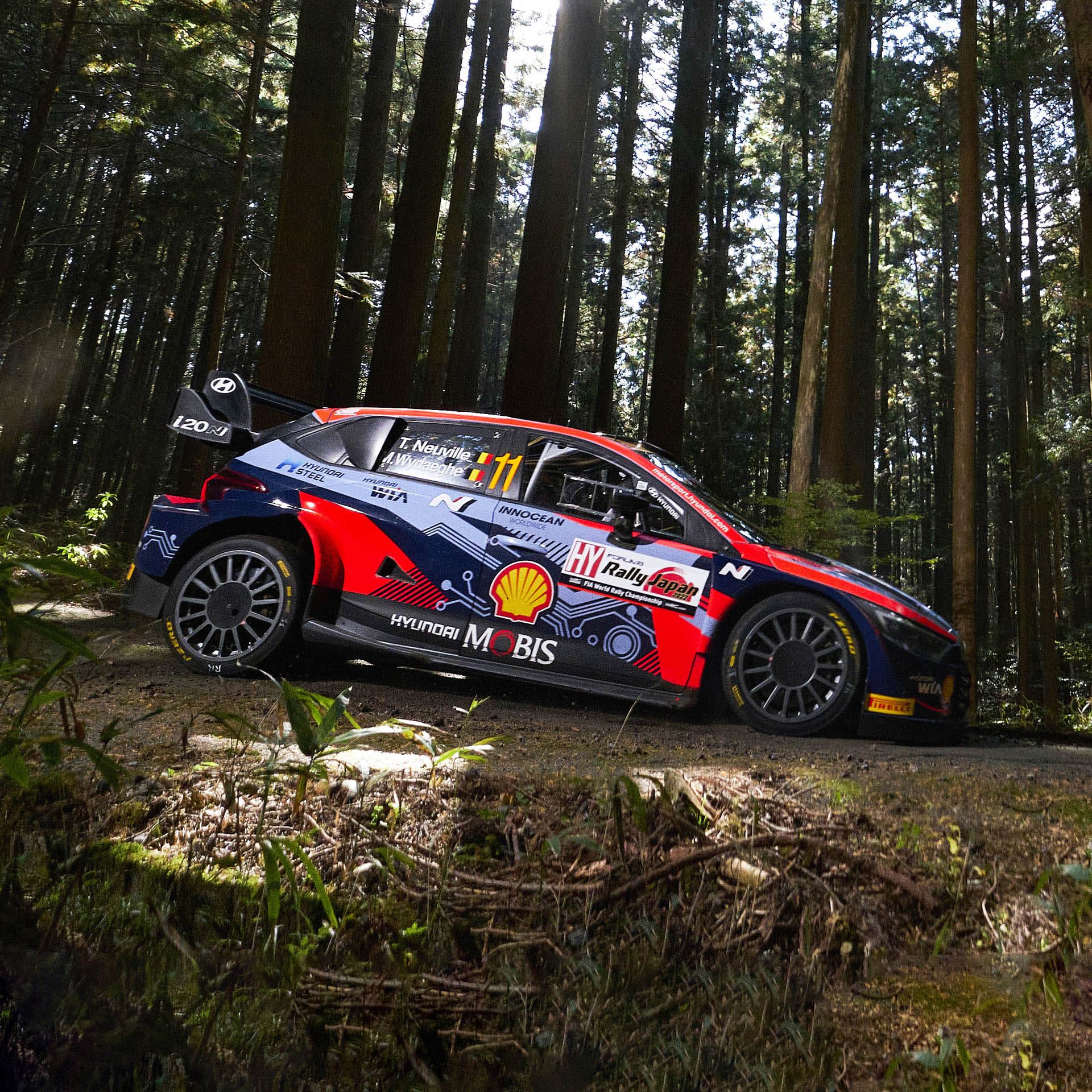 숲에 난 길 위에서 달릴 준비를 하는 현대 WRC 경주차의 모습