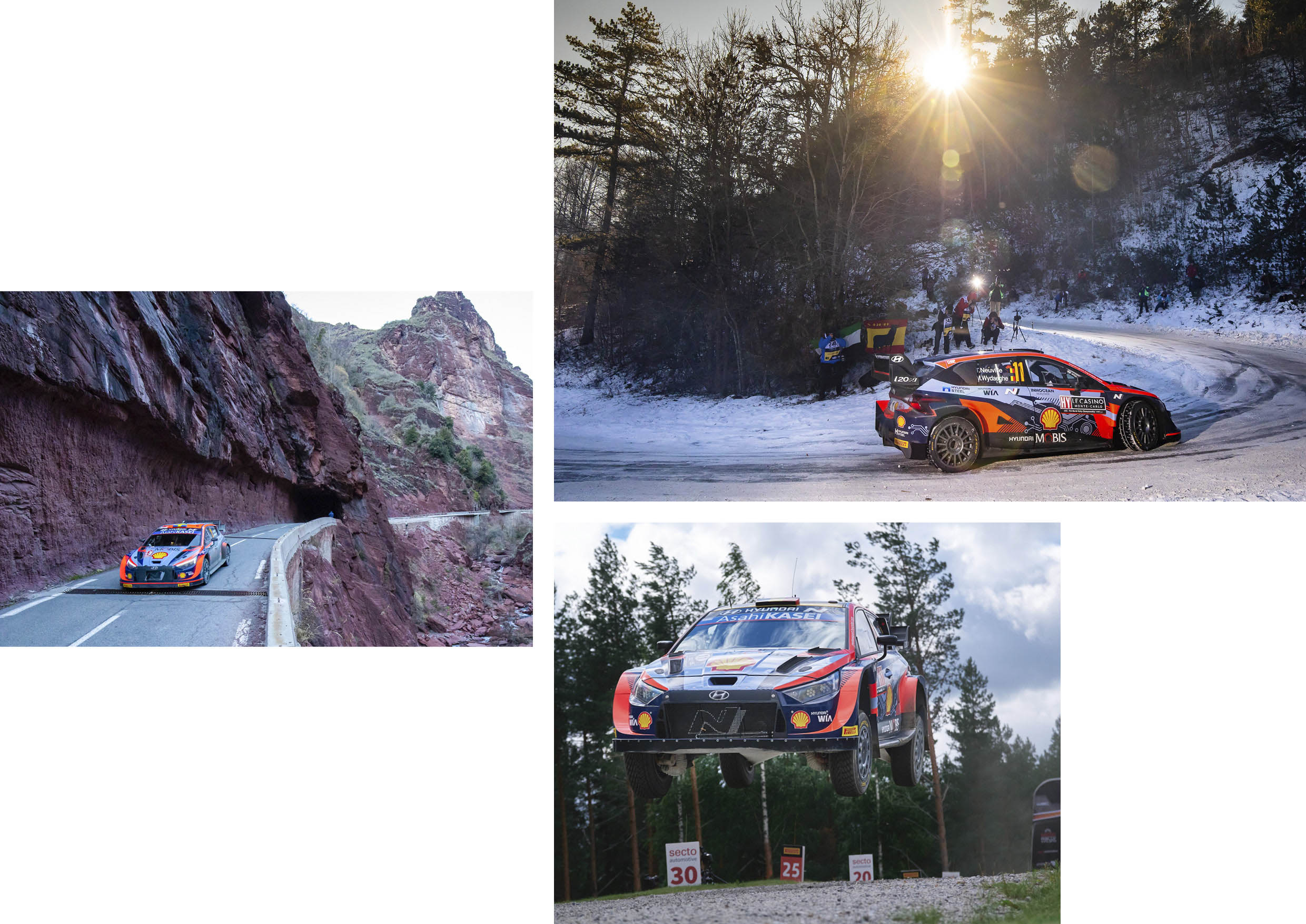 랠리의 다양항 도로를 달리는 모습을 보여주는 WRC 랠리카