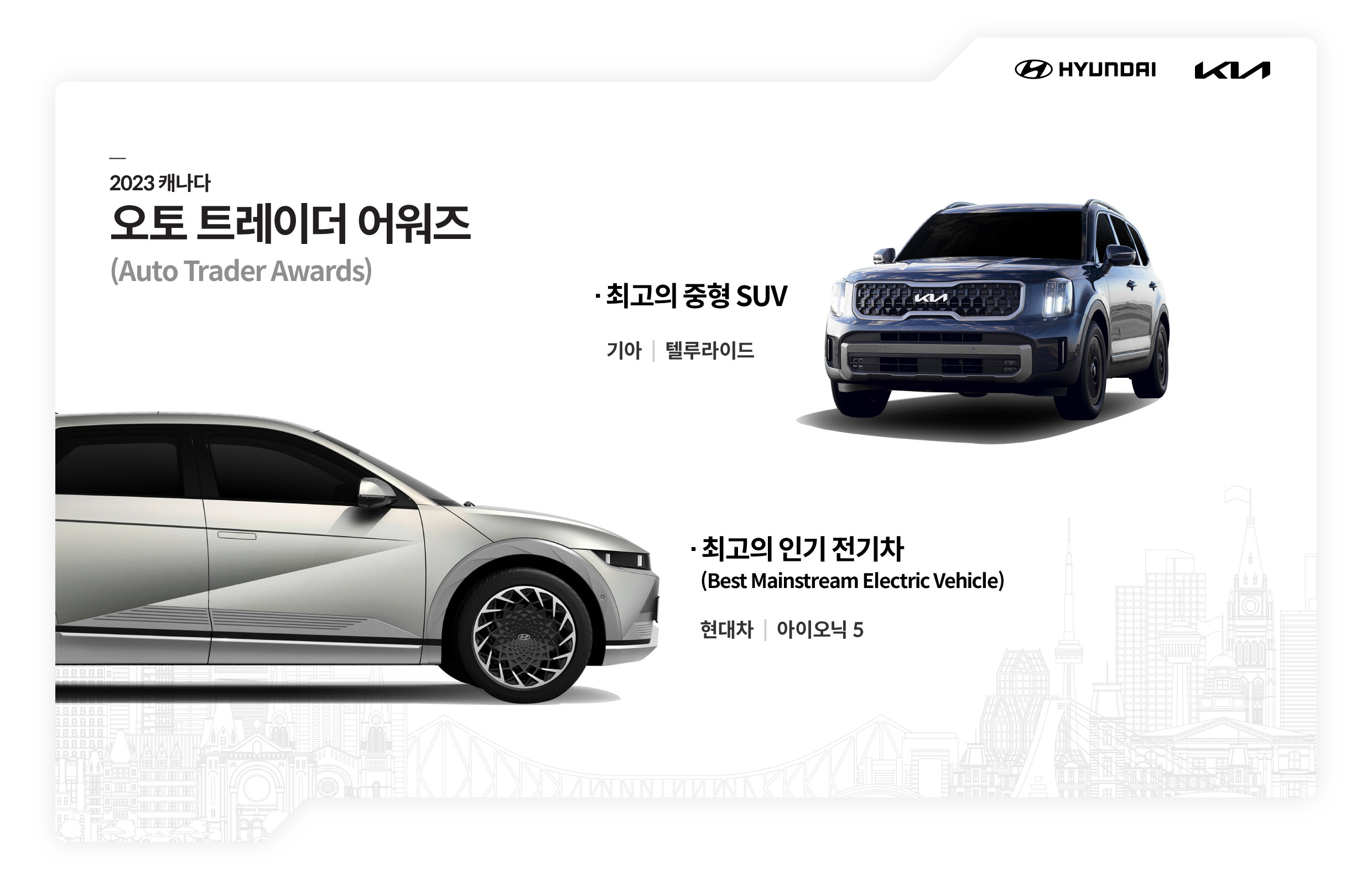 2023 캐나다 오토 트레이더 어워즈를 수상한 아이오닉 5와 텔루라이드