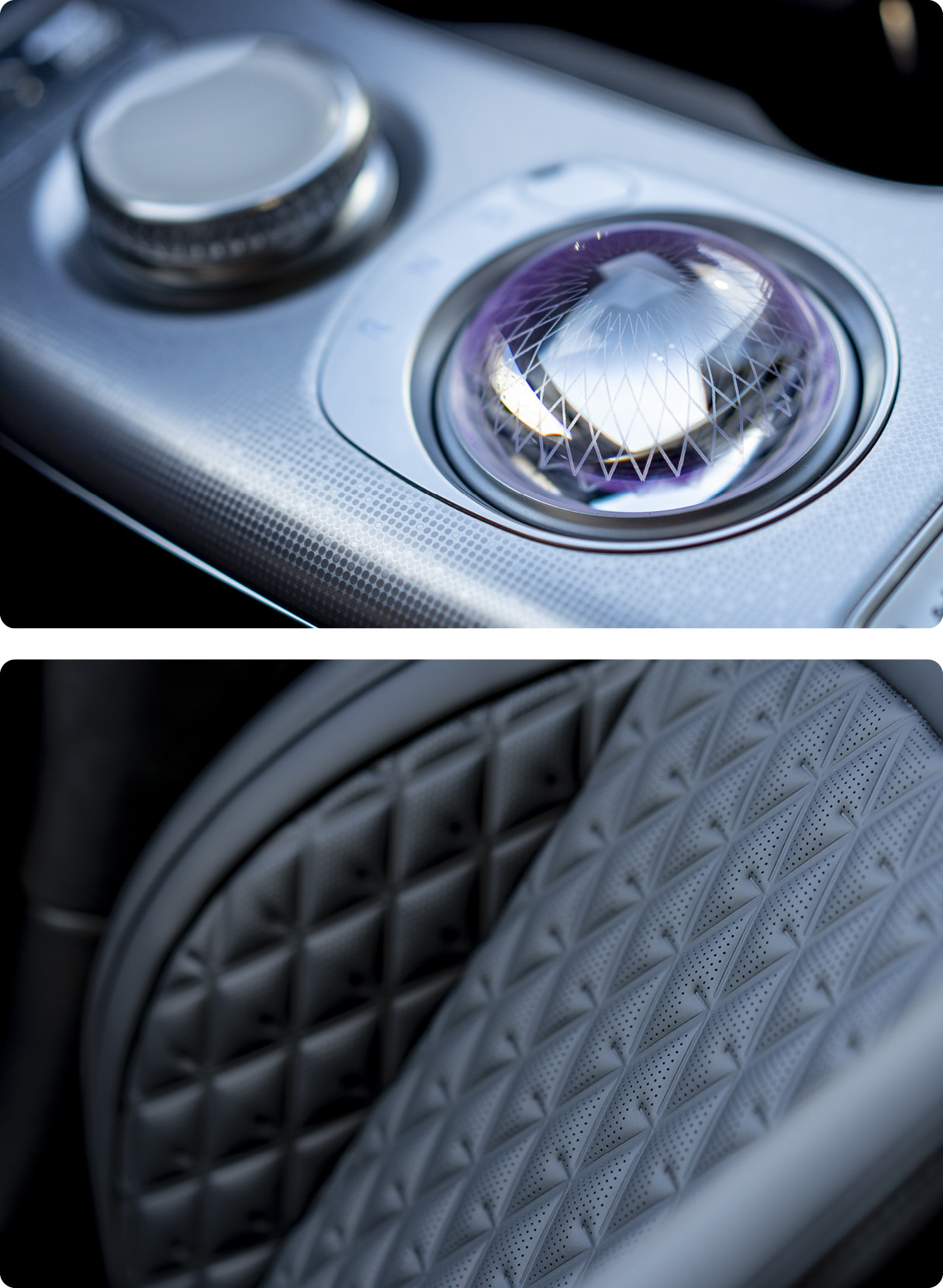 GV60에 적용된 구형 기어 레버 디자인, 퀄팅 시트 등의 모습