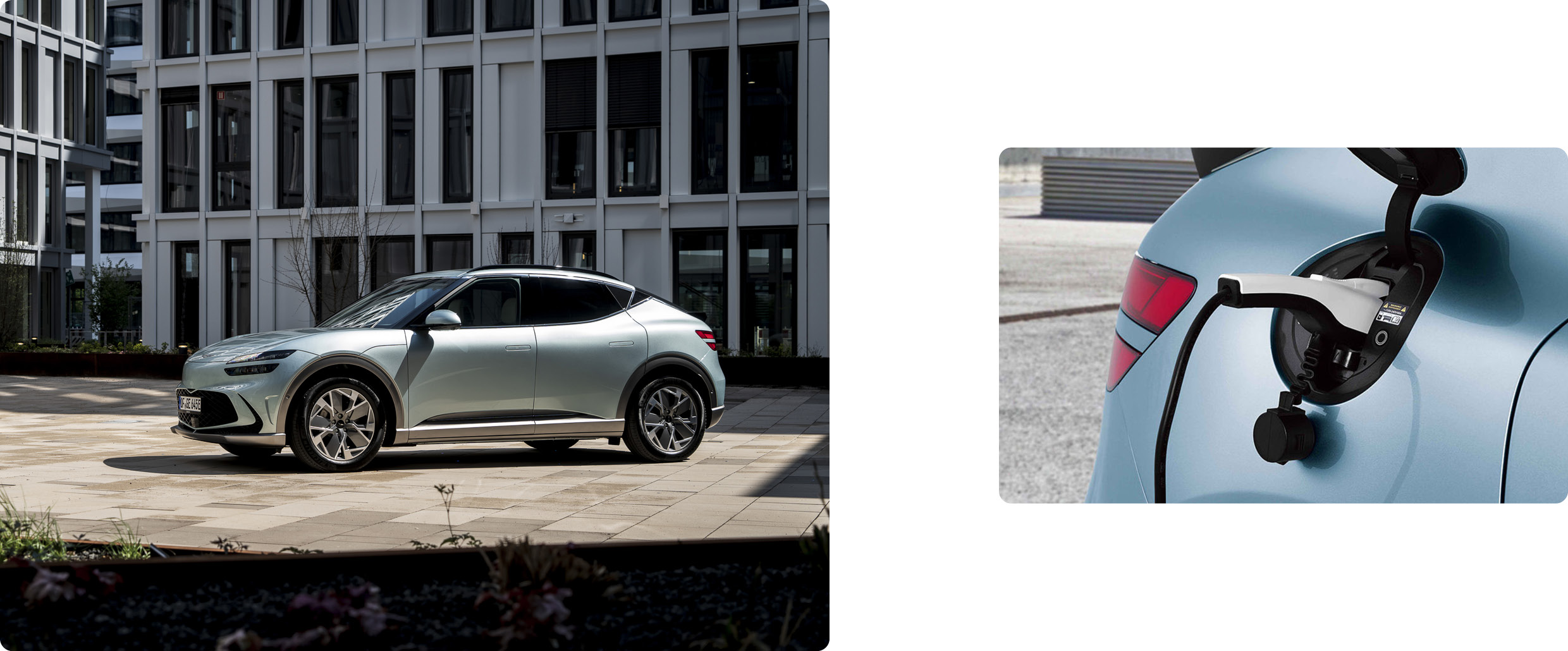 GV60가 빌딩 사이 공터에 정차한 전측면 모습 GV60가 충전하는 모습