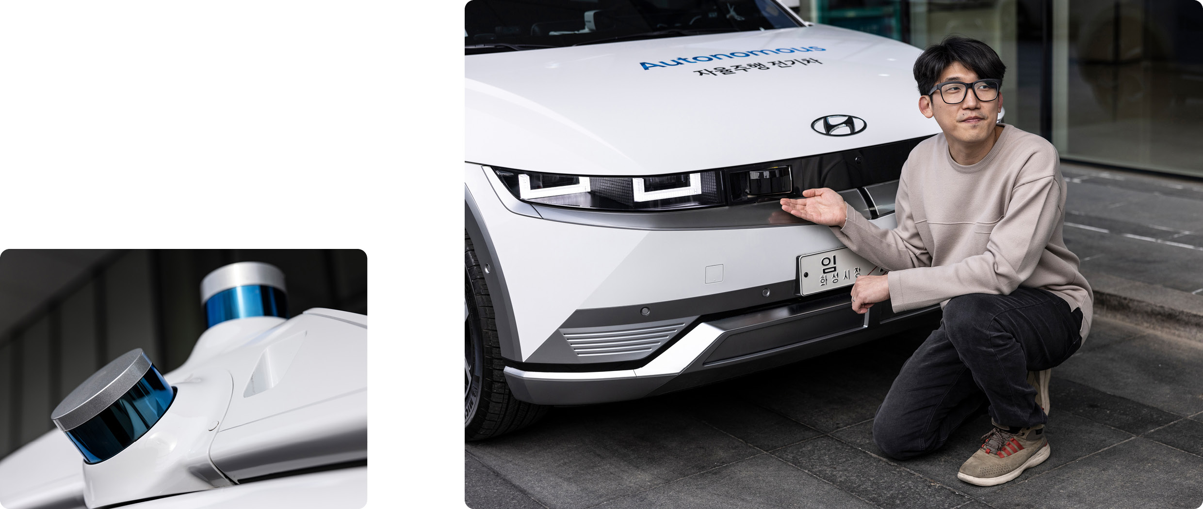 로보라이드에 장착된 고해상도 센서와 이를 설명하는 연구원의 모습