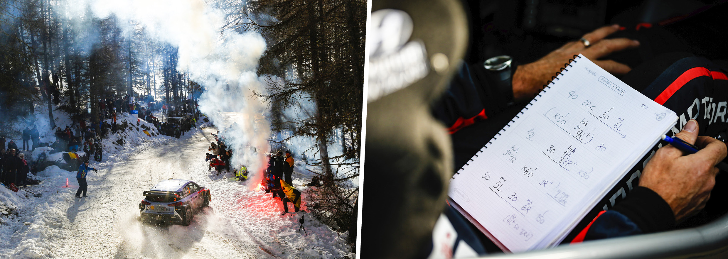 Snowy road course and co-driver's memo pad